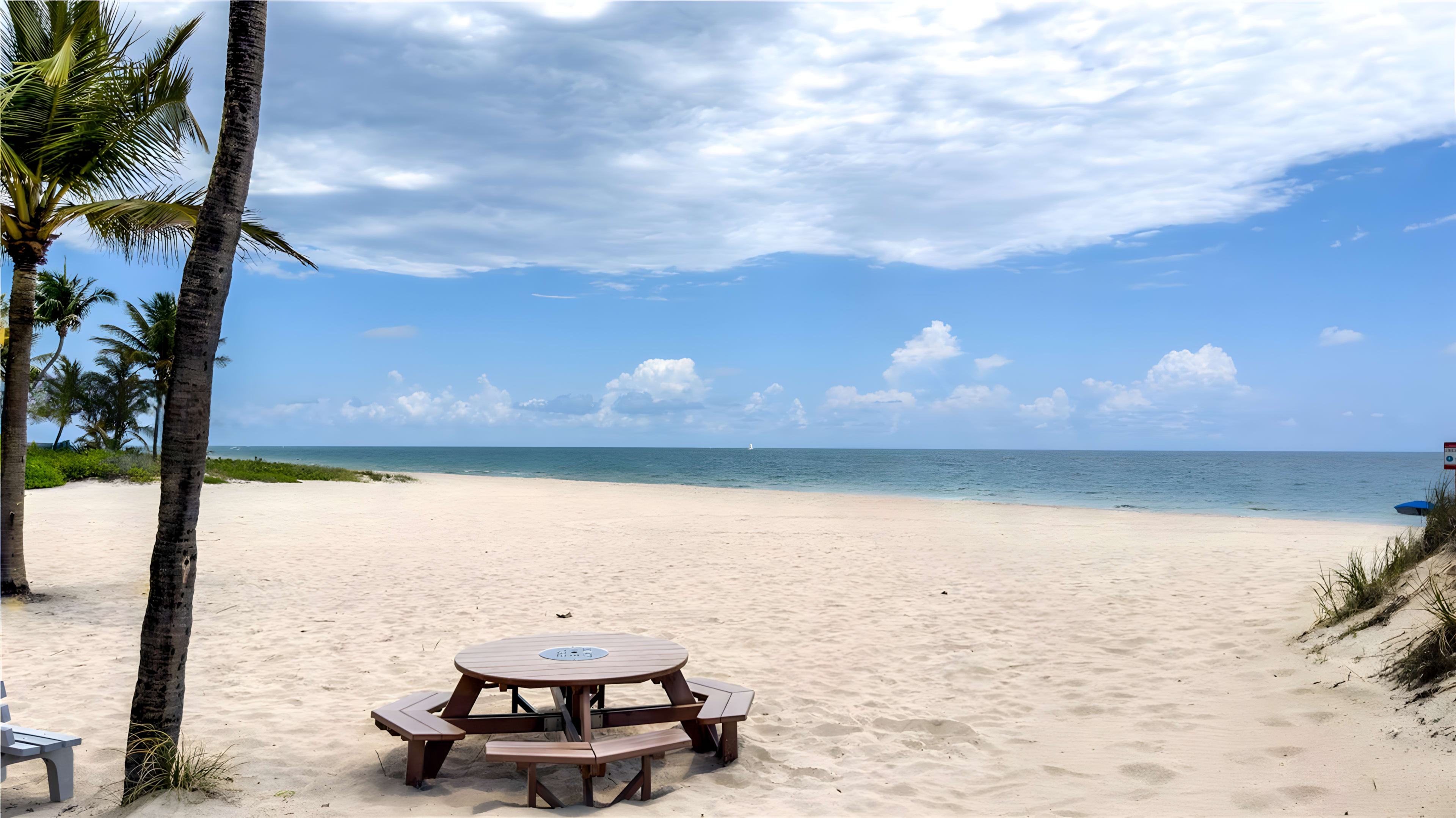 A wooden picnic table sits on a sandy beach with palm trees and calm waters under a cloudy sky.