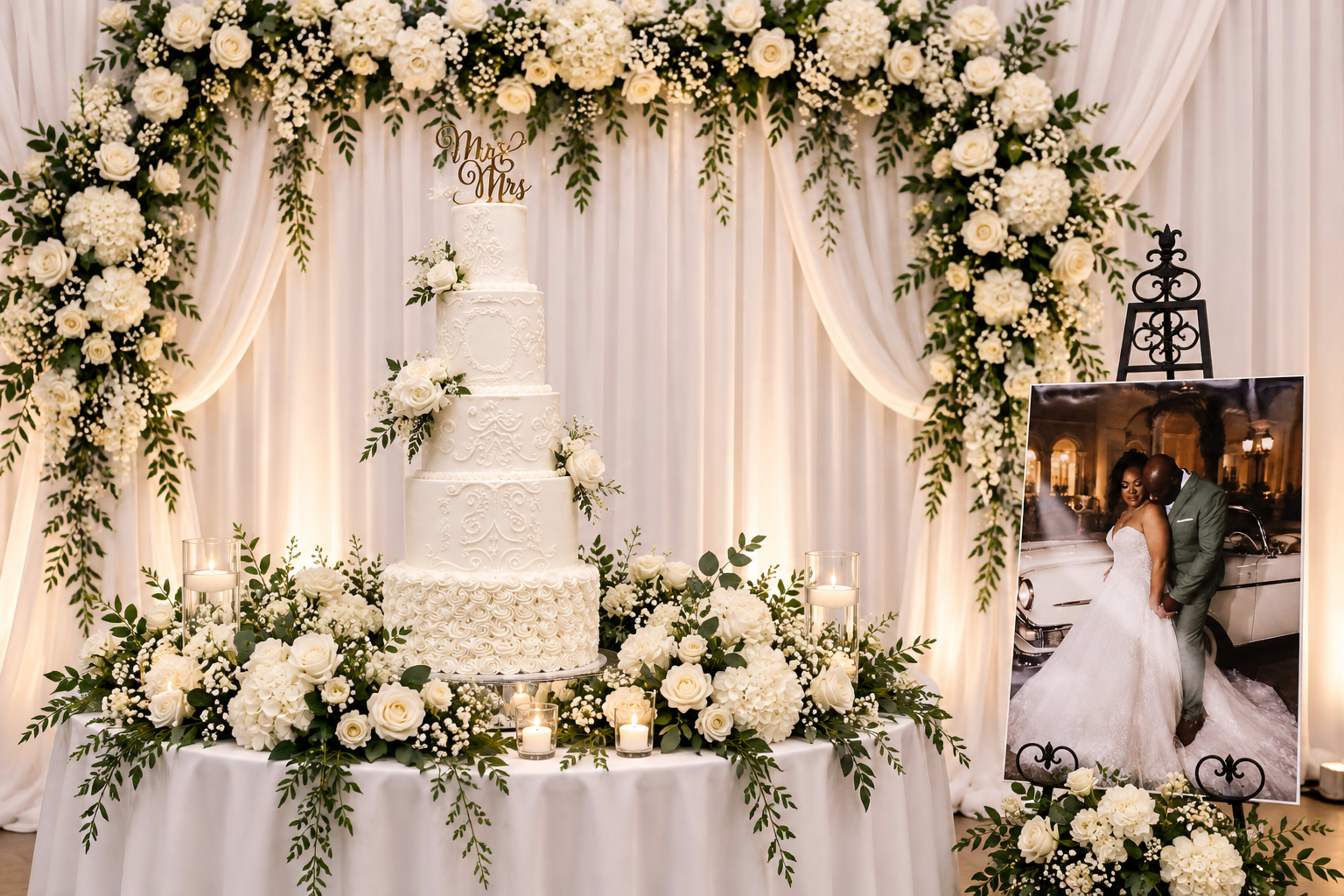 A multi-tiered wedding cake is displayed on a table adorned with white flowers, candles, and a framed photograph of a couple, all set against a backdrop of flowing white drapery.