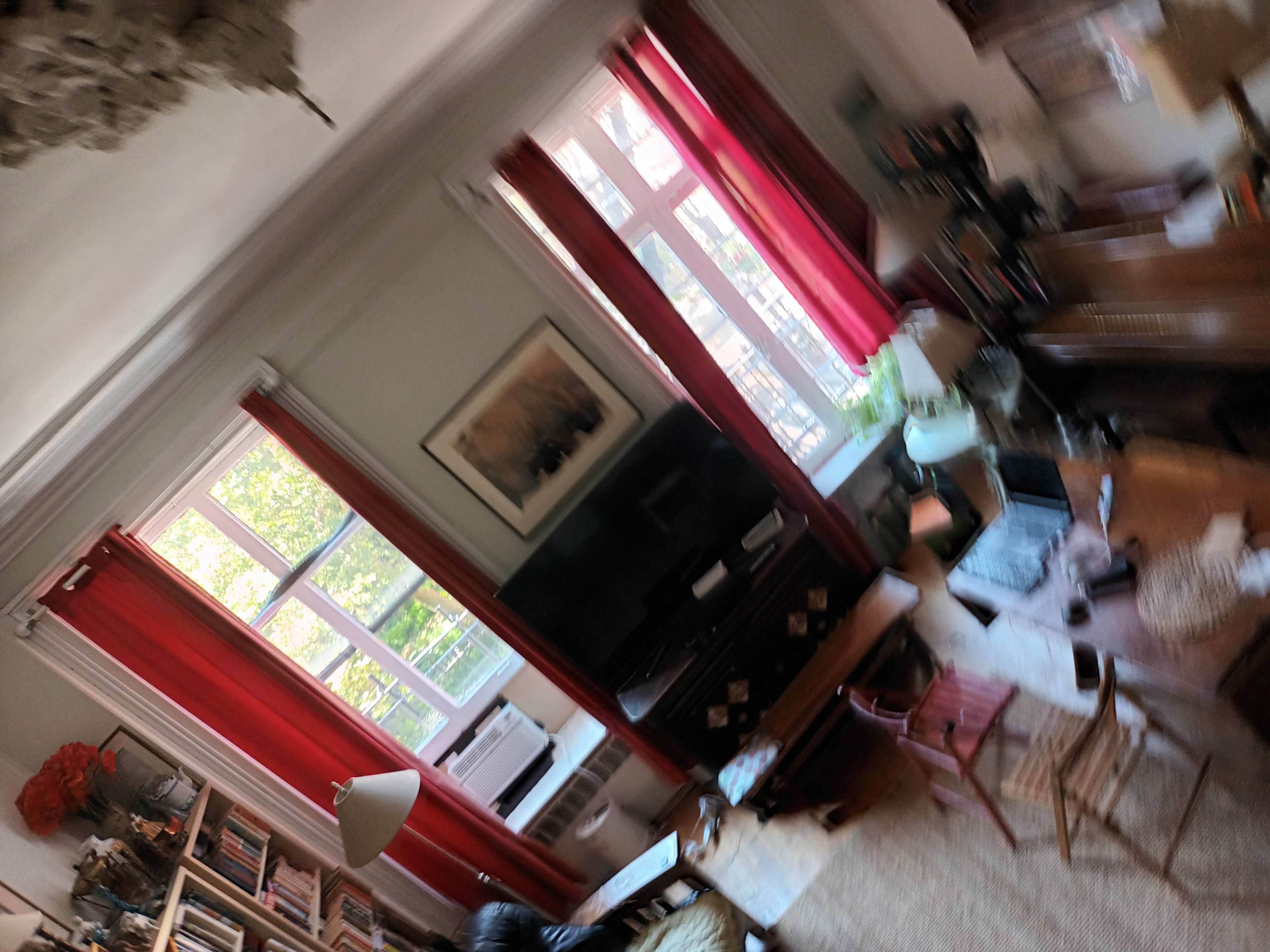 A bright living room features large windows with red curtains, a television, bookshelves, and various furniture arranged around a woven rug.