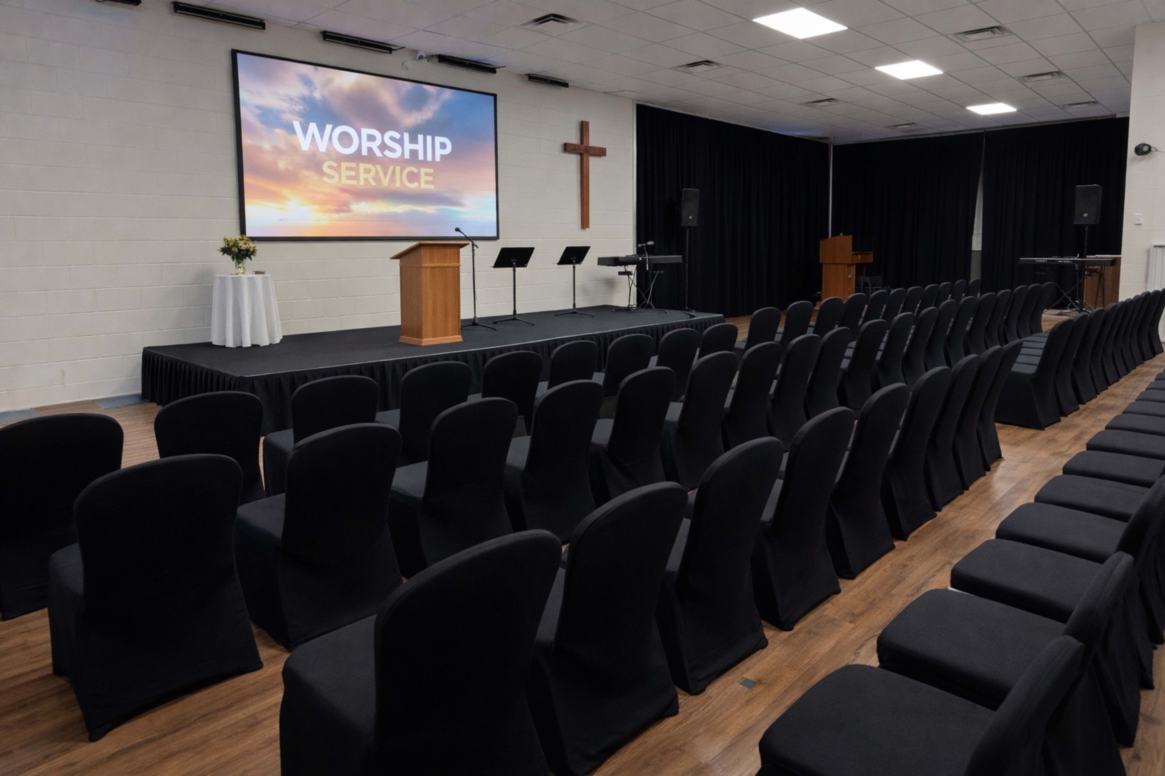 A modern worship space features rows of black chairs facing a stage with a large screen displaying "Worship Service" and a wooden lectern.