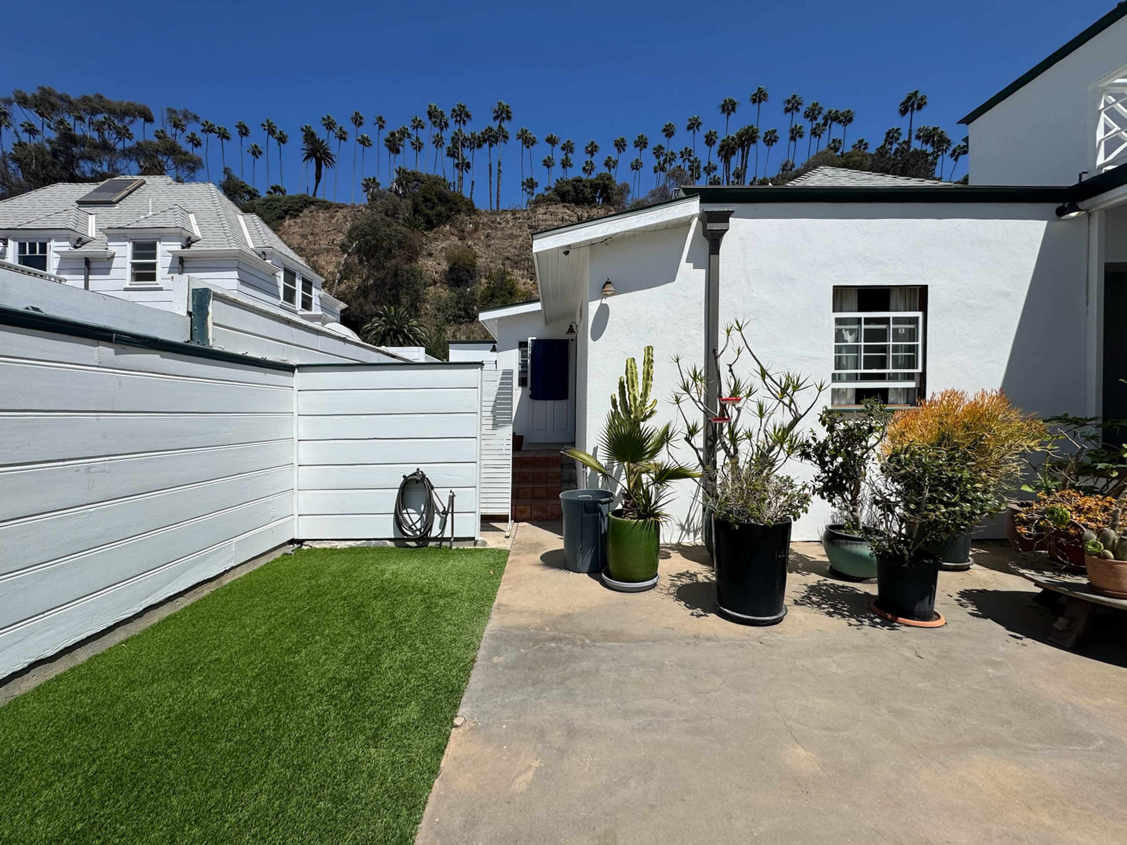 A small outdoor area is shown with artificial grass, various potted plants, and a white wall, backed by a hillside dotted with palm trees.