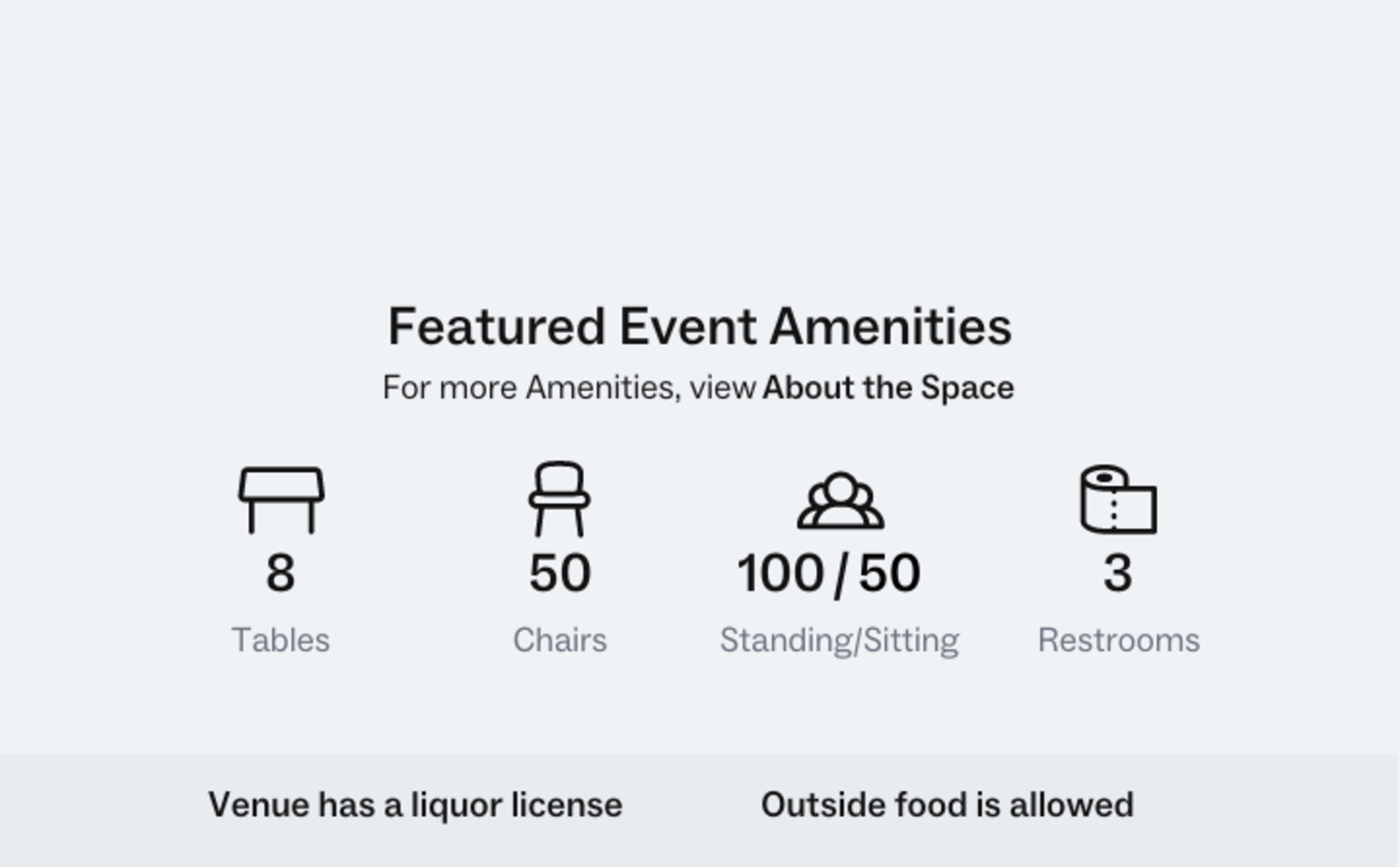 Event amenities including icons for tables, chairs, standing/sitting capacity, and restrooms along with their respective quantities.