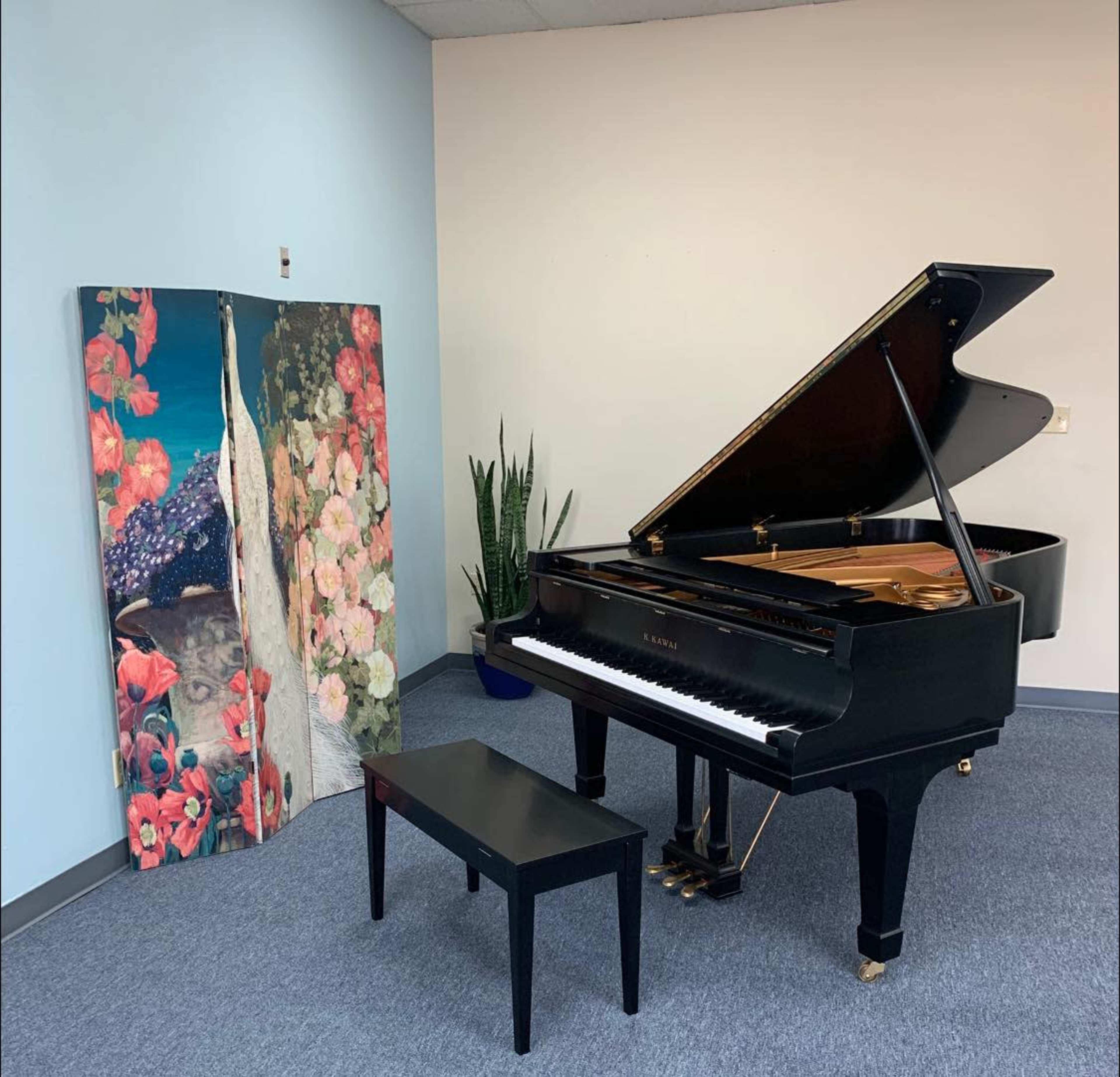 A black grand piano is positioned next to a large, vibrant artwork featuring a peacock and flowers in a room with light blue walls.