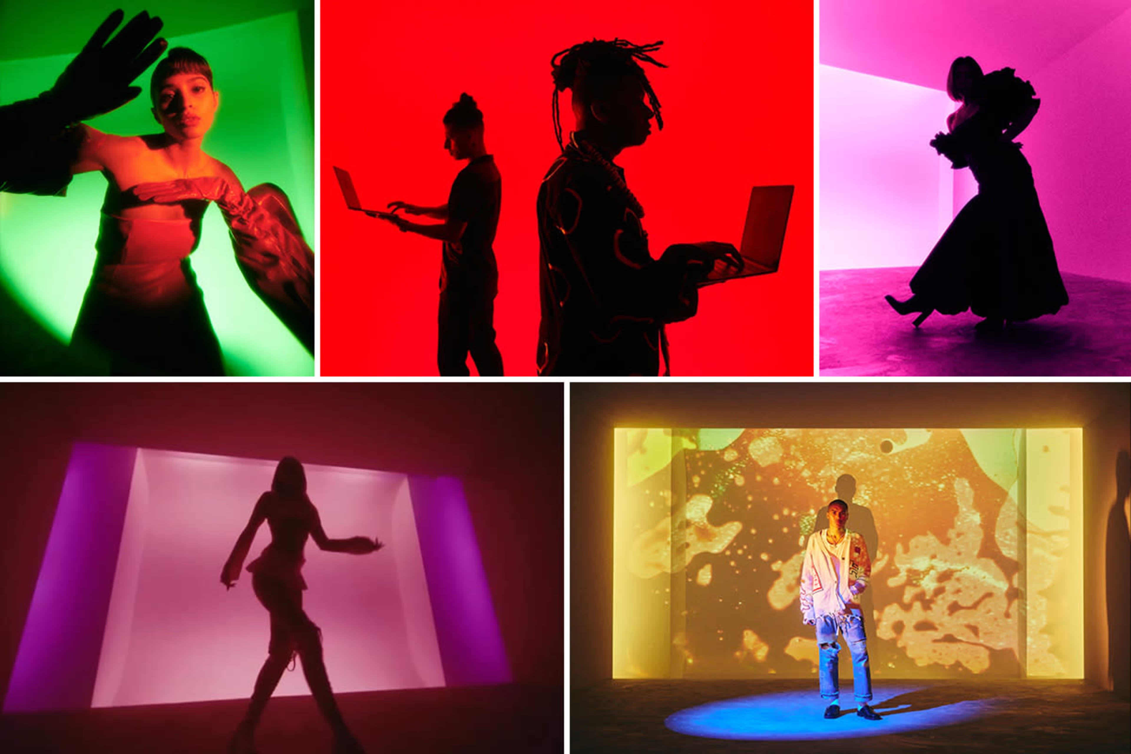 A collage of various performers against vibrant, colored backdrops, with some interacting with laptops and others engaged in dynamic poses.