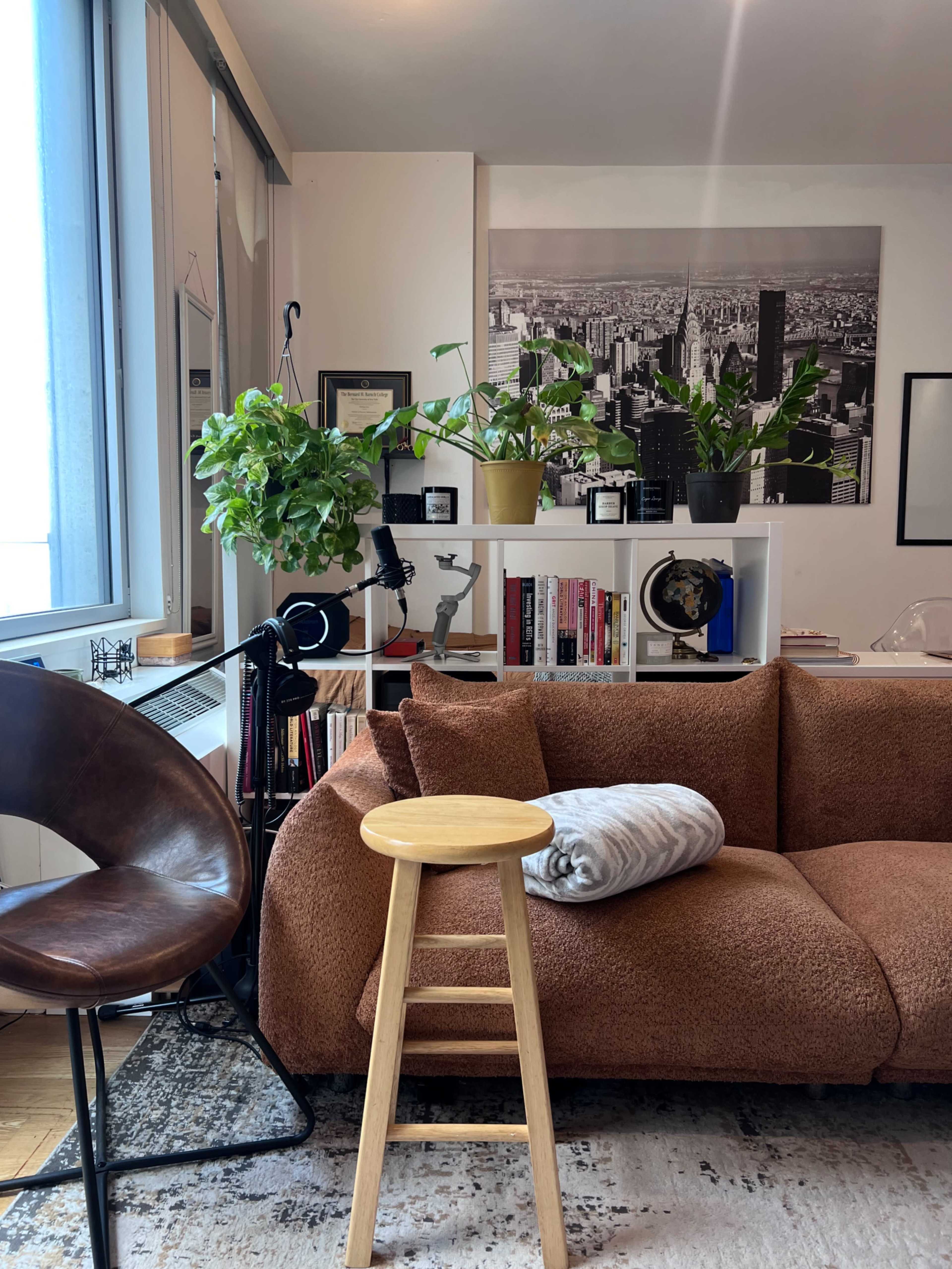 A cozy living space featuring a brown sofa with a throw blanket, a small wooden stool, and a variety of plants in pots against a backdrop of bookshelves and a large black-and-white cityscape photograph.
