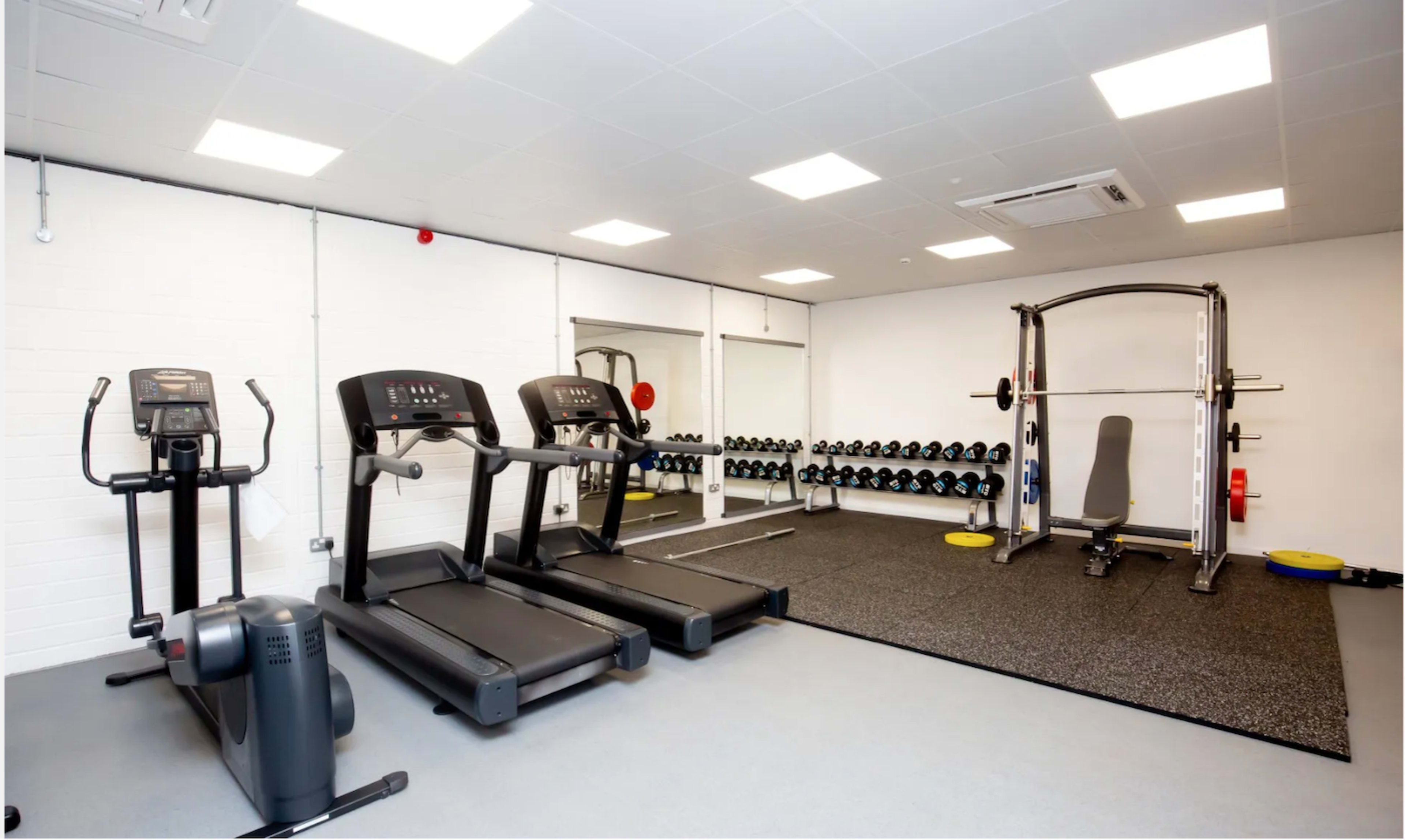 The image shows a modern gym space featuring two treadmills, a weightlifting machine, a bench, a set of dumbbells, and a large mirror.