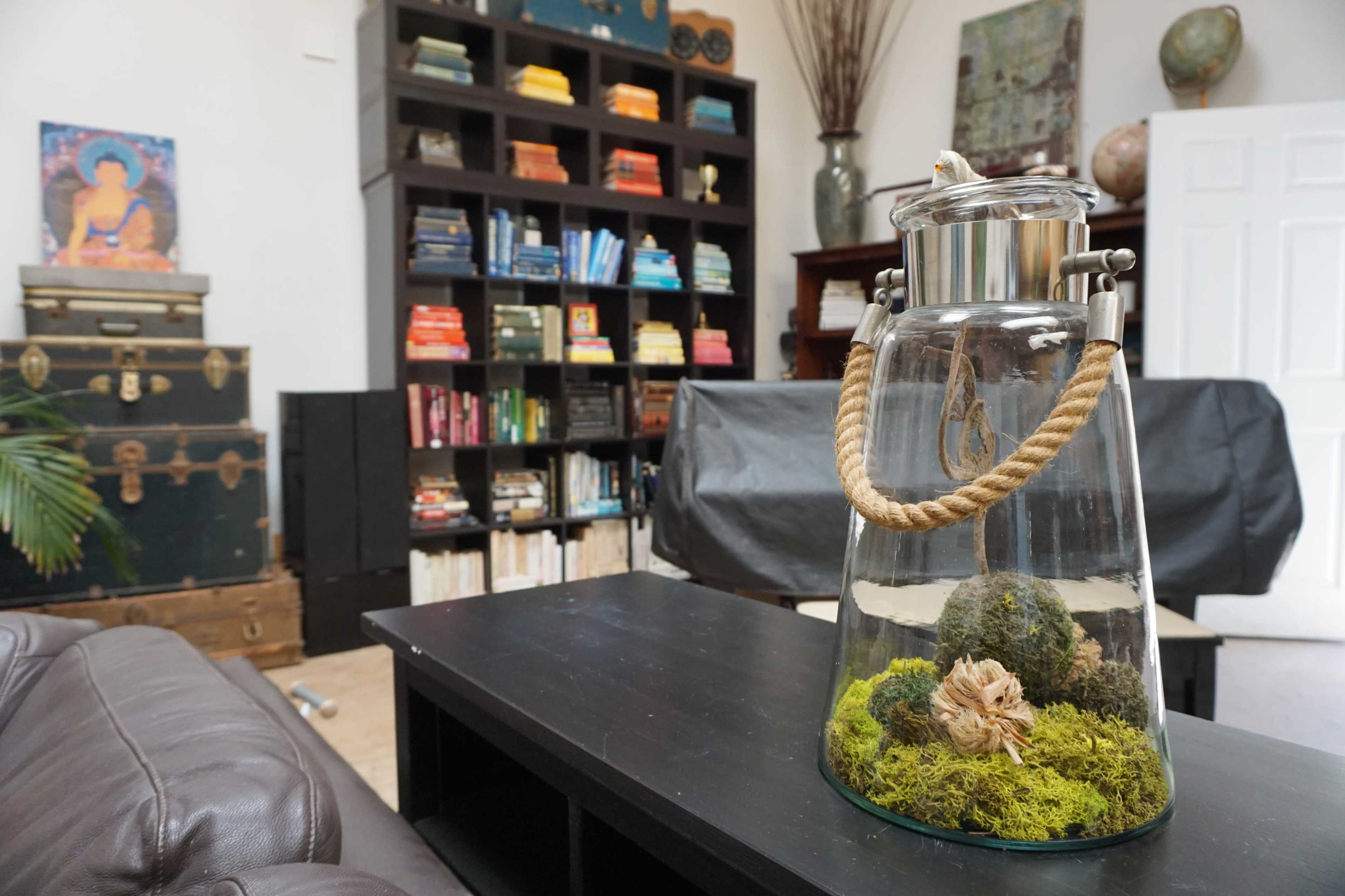 A glass terrarium filled with moss and a wooden accent sits on a coffee table in a living room with bookshelves and a large leather couch in the background.