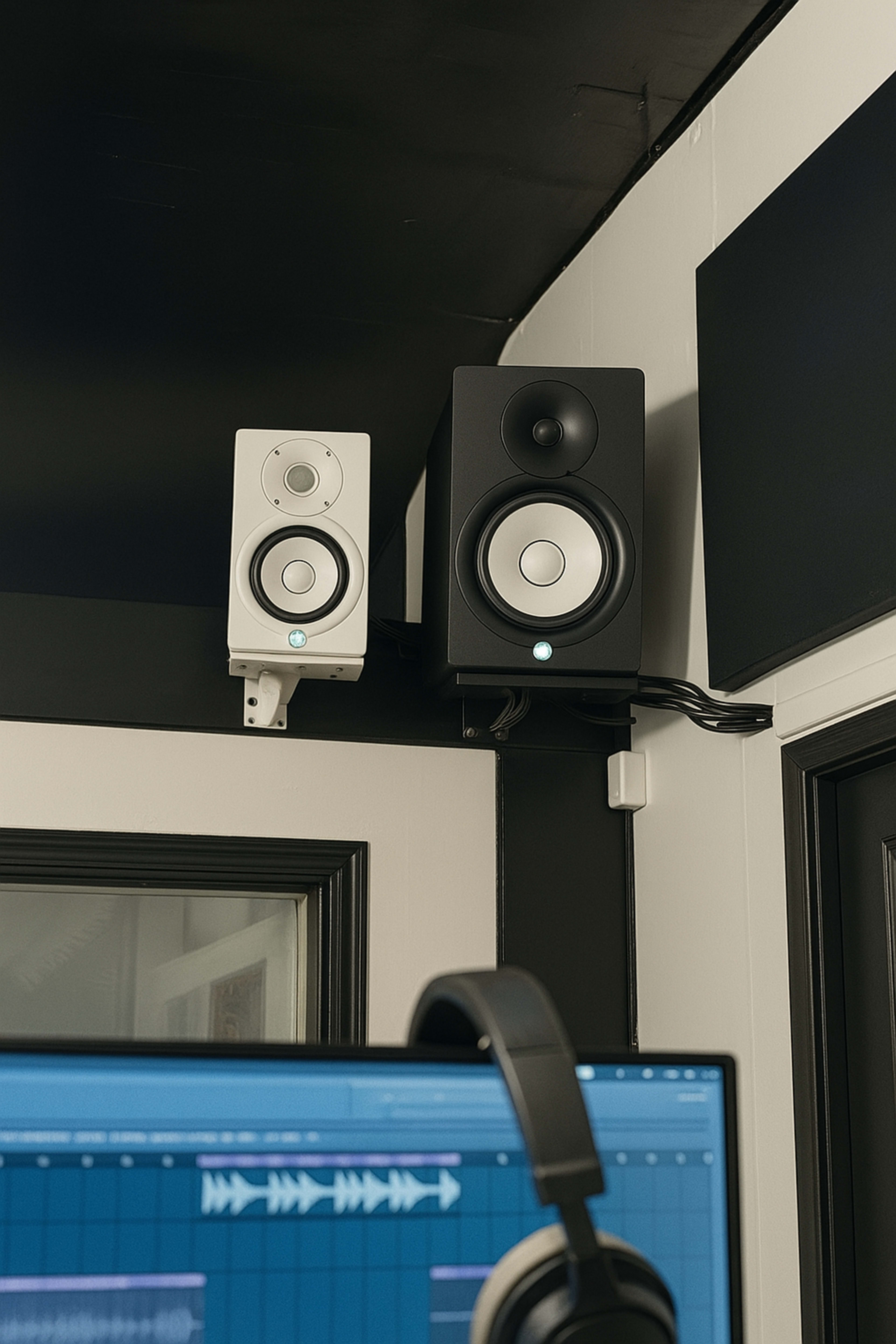 The image shows a pair of studio monitor speakers mounted on a wall above a computer monitor with audio editing software displayed.