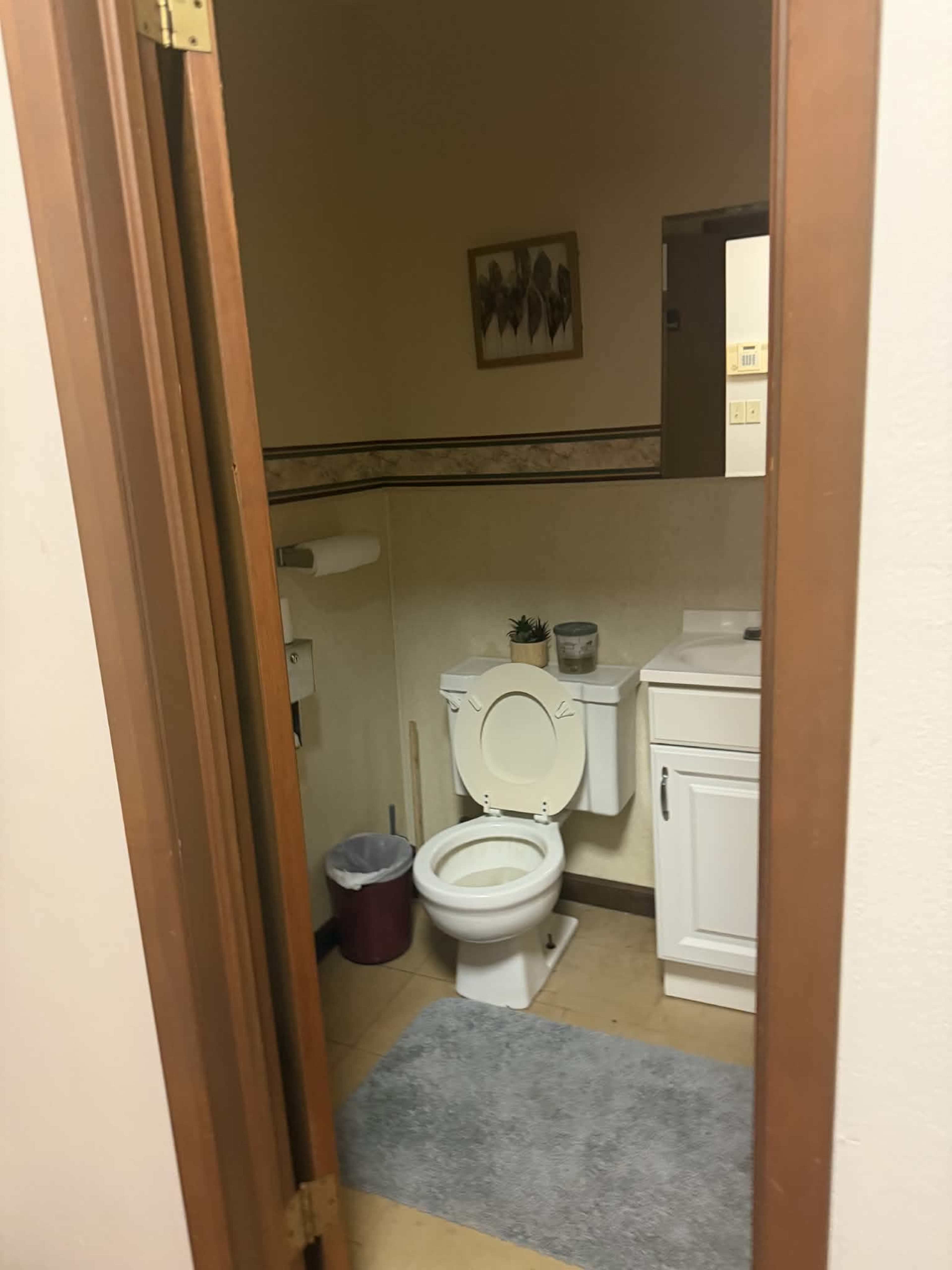 The image shows a small bathroom with a toilet, a sink, and a trash can, framed by a wooden doorway.