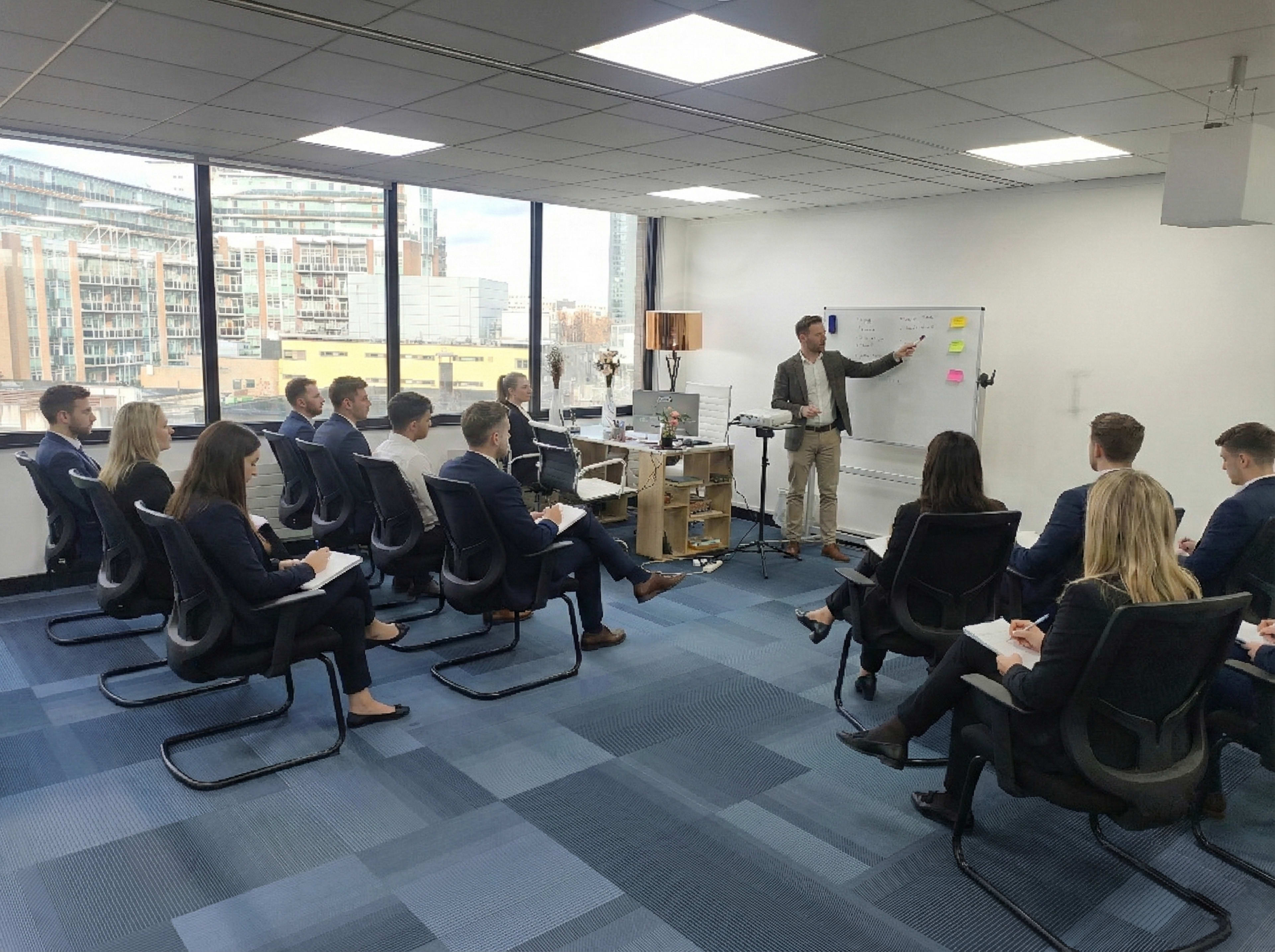 A man in a suit presents information to a group of seated professionals in a modern office setting.