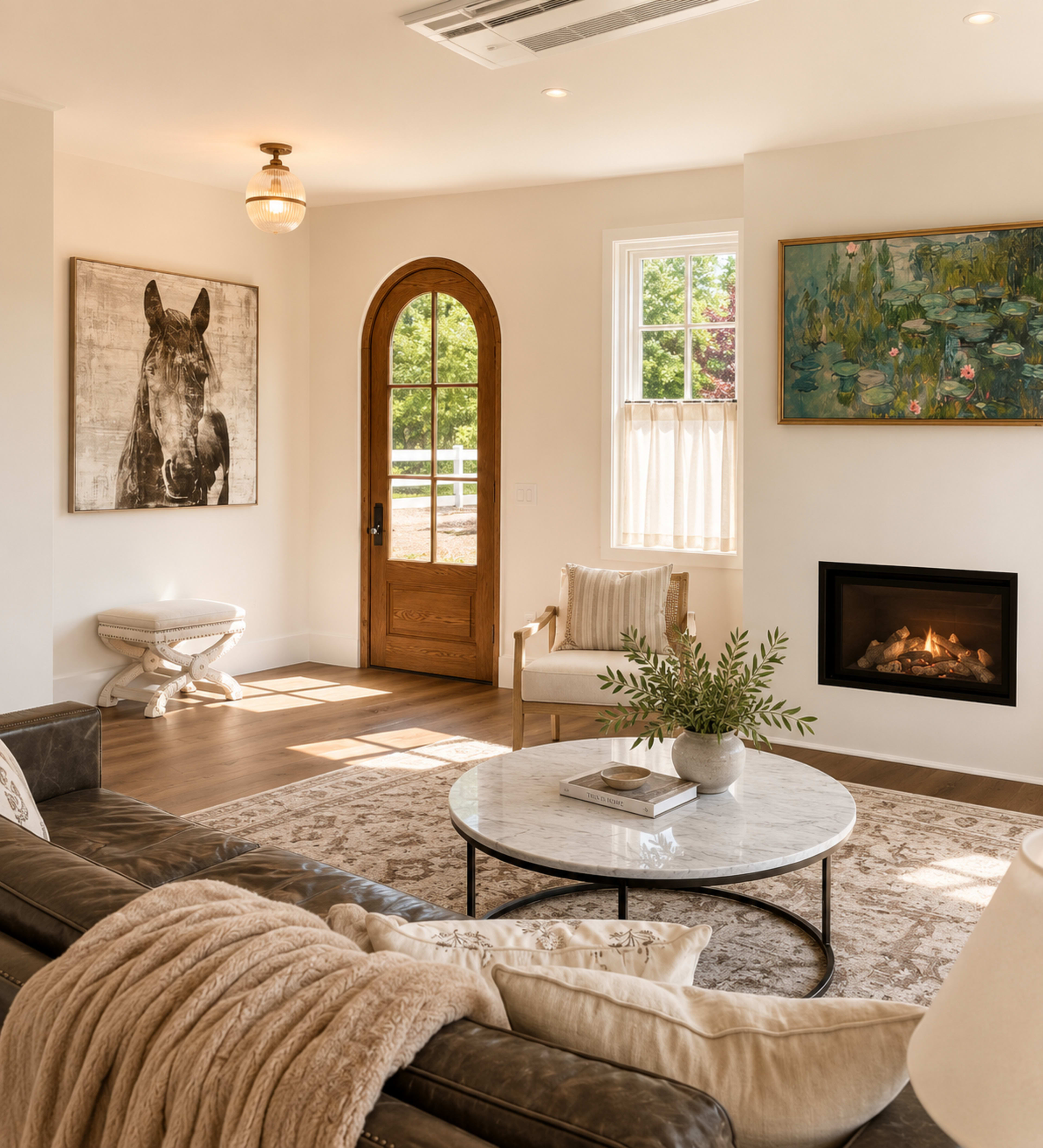 A cozy living room features a horse portrait on the wall, a marble coffee table, and a fireplace with a wooden door leading outside.