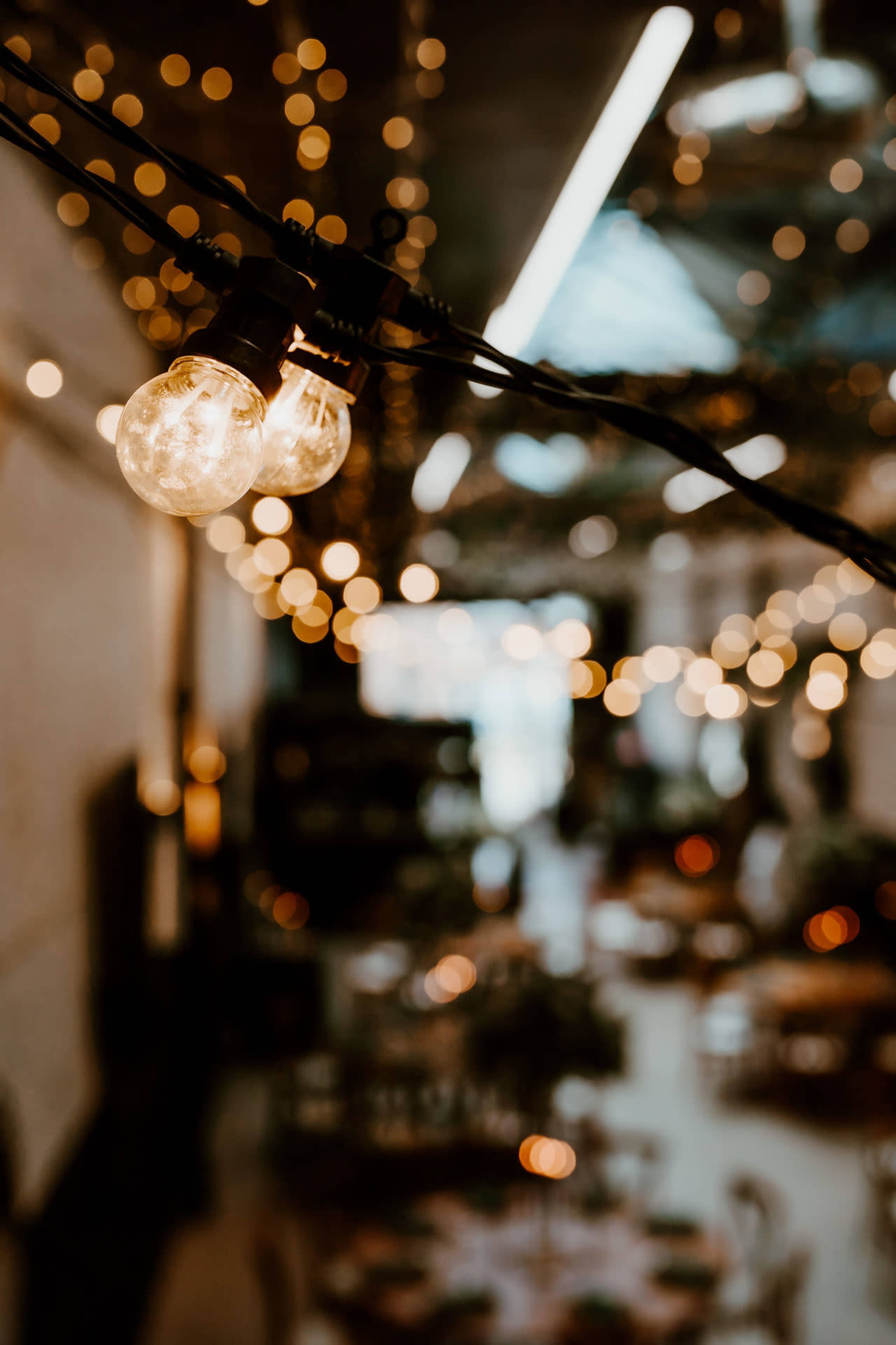 Illuminated bulbs hanging from a wire above a softly lit indoor venue filled with tables and decor.
