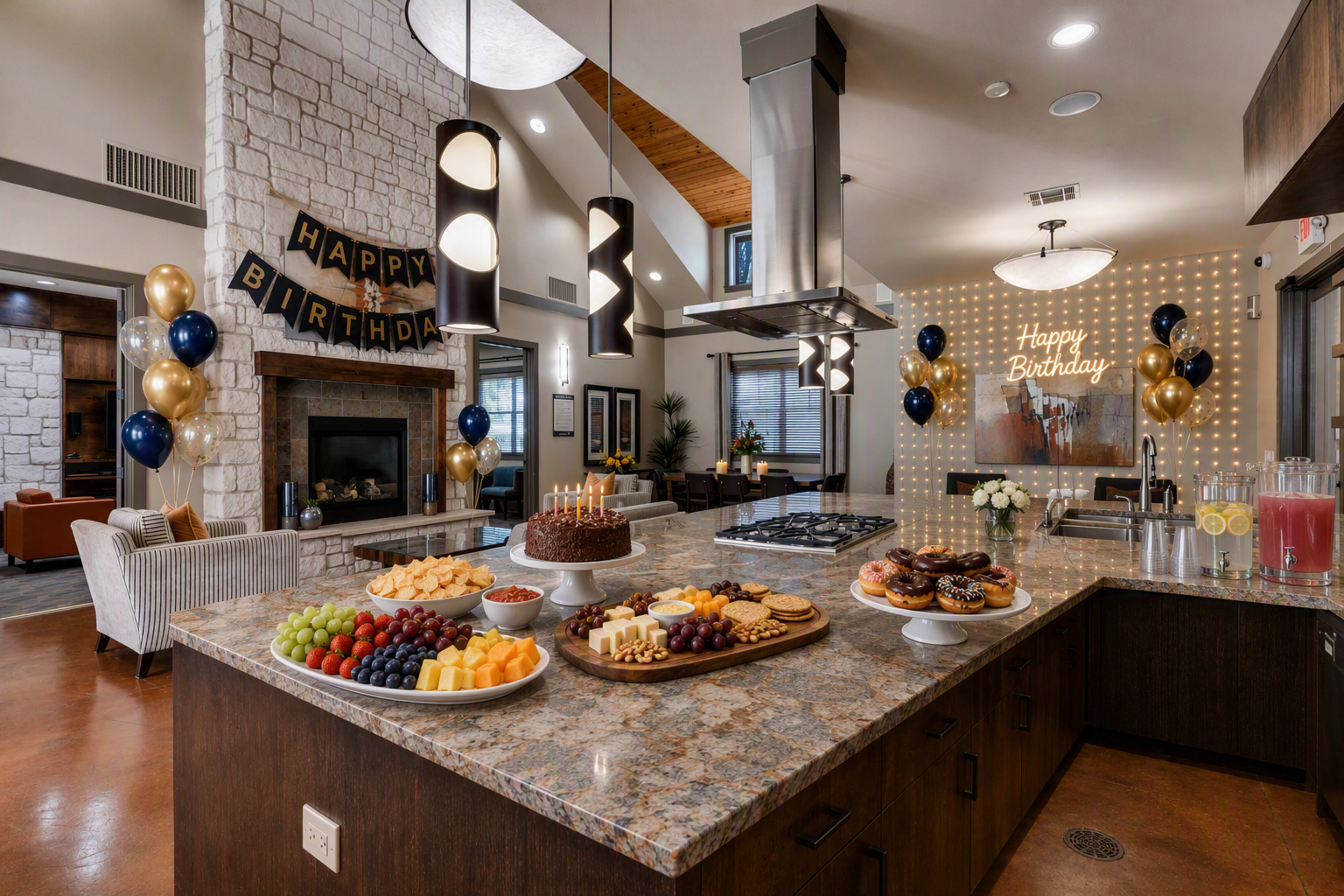 A festive kitchen is decorated for a birthday celebration, featuring a large cake, platters of assorted fruits and cheeses, and balloons.