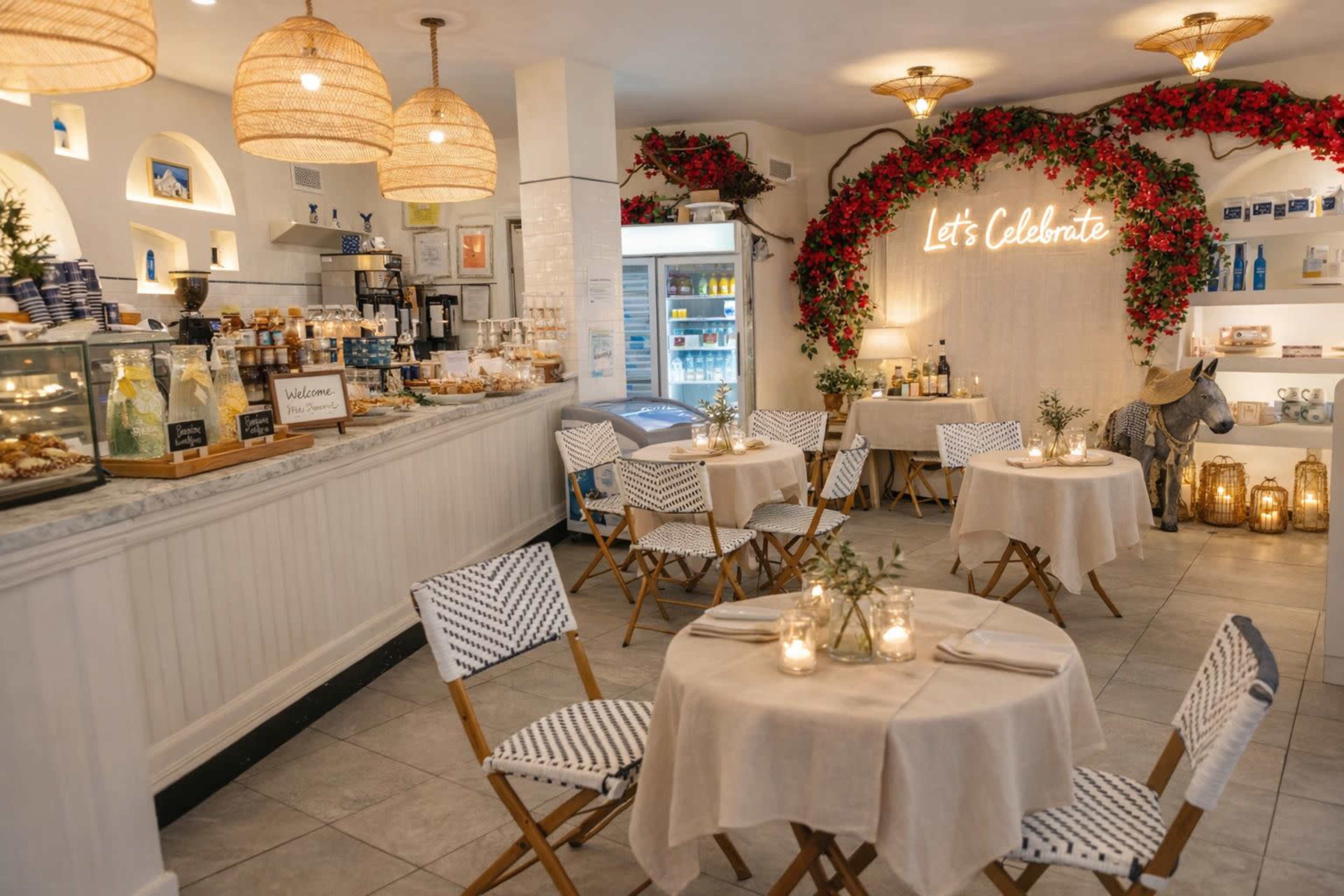 The image shows a well-decorated café interior with round tables, wooden chairs, and a floral backdrop that includes a neon sign saying "Let's Celebrate."