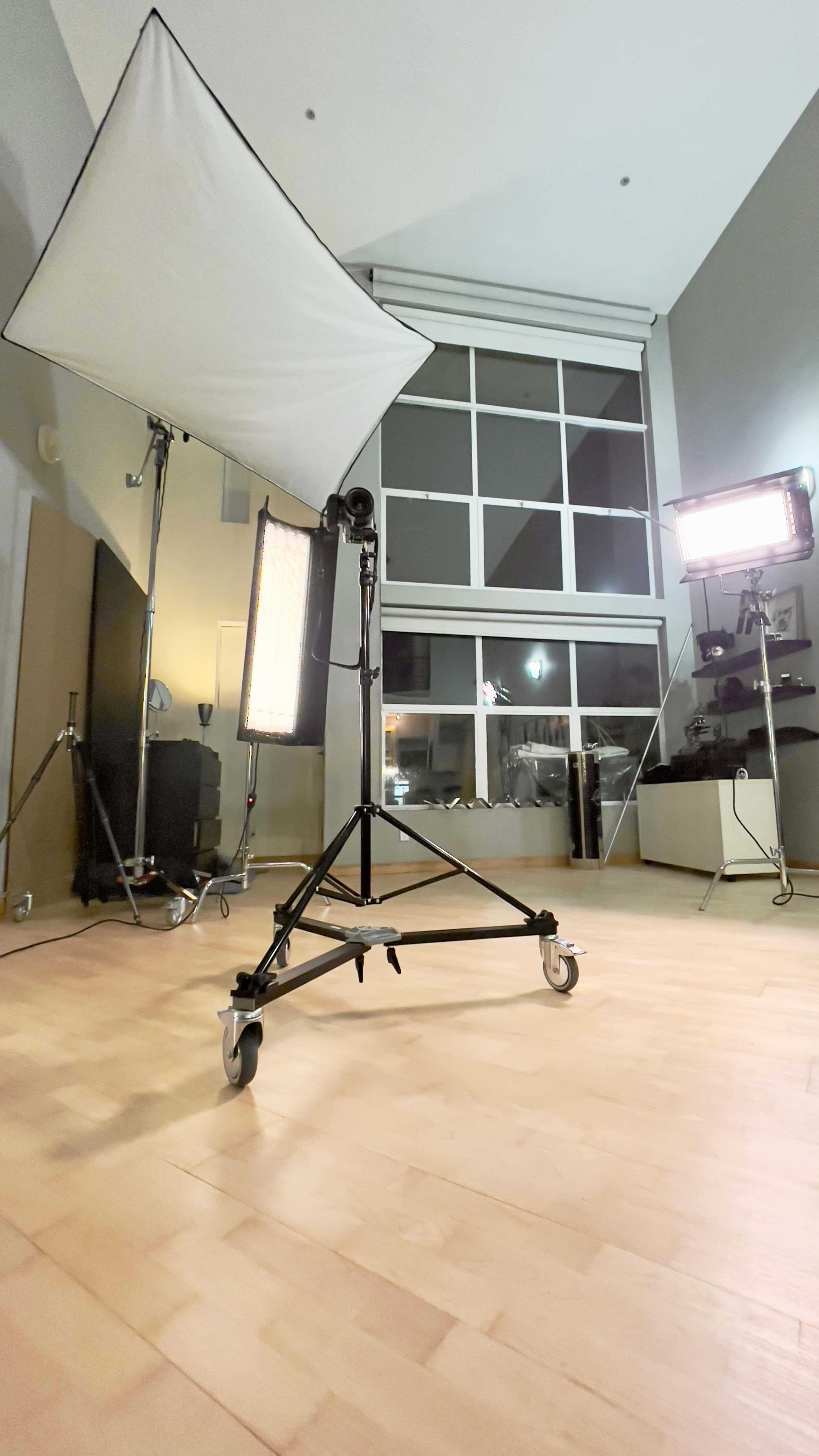 A photography studio is set up with softbox lighting and a large reflector on stands, with a wooden floor and large windows in the background.