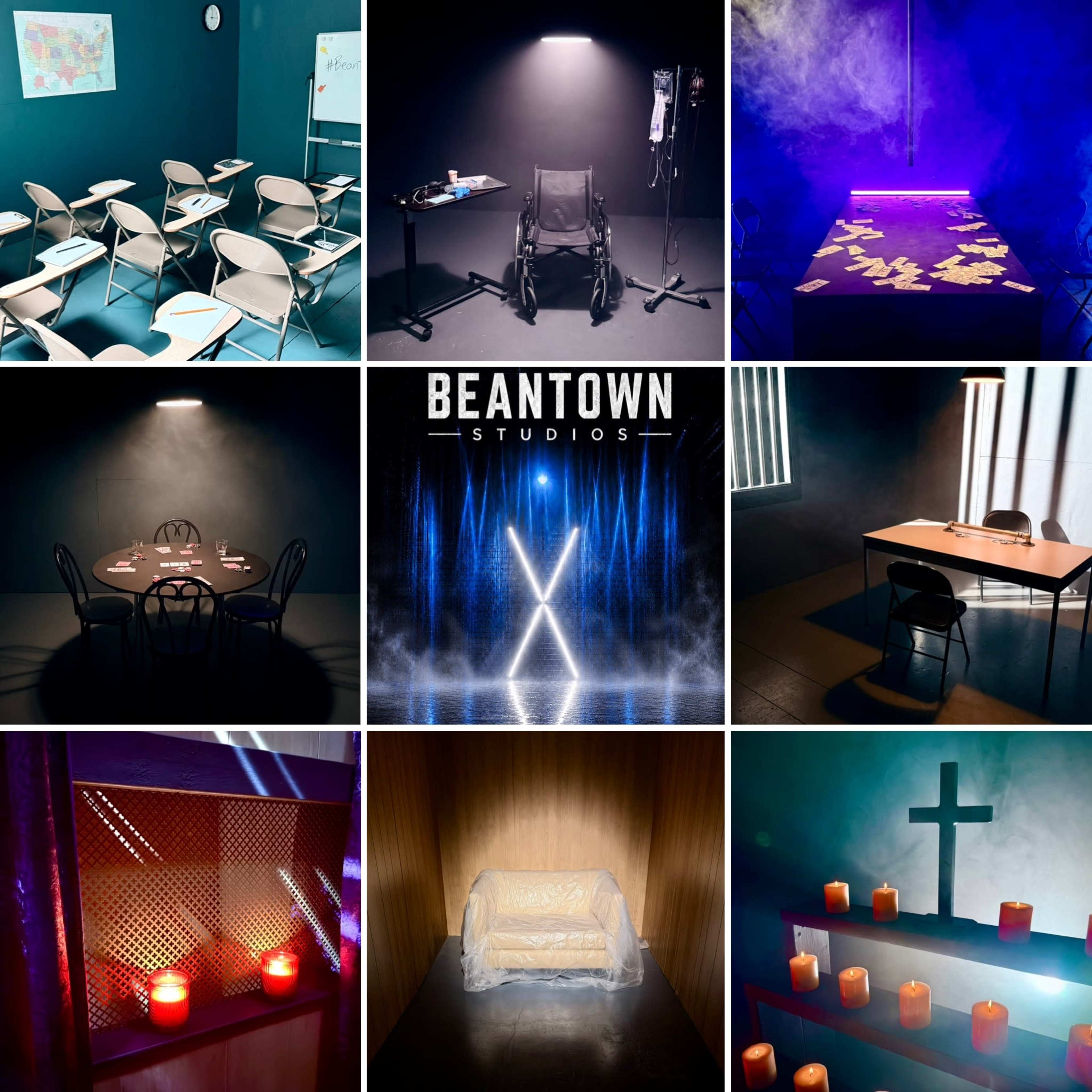 The image collage features various scenes from a studio setting, including empty classrooms, a wheelchair, a dimly lit table, an illuminated runway, and a couch surrounded by candles.