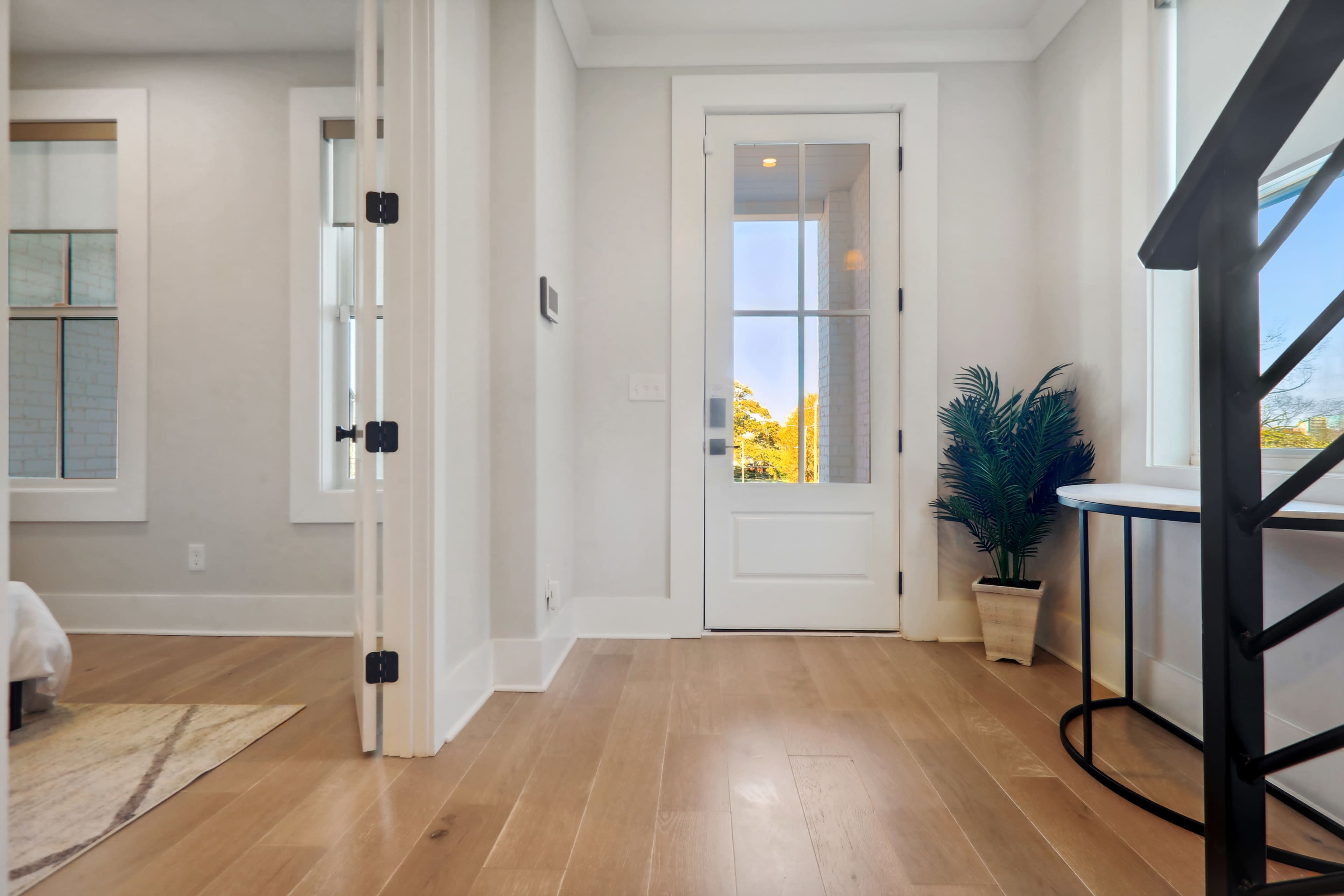 A well-lit hallway with wooden flooring, a white door leading outside, and a potted plant in the corner.