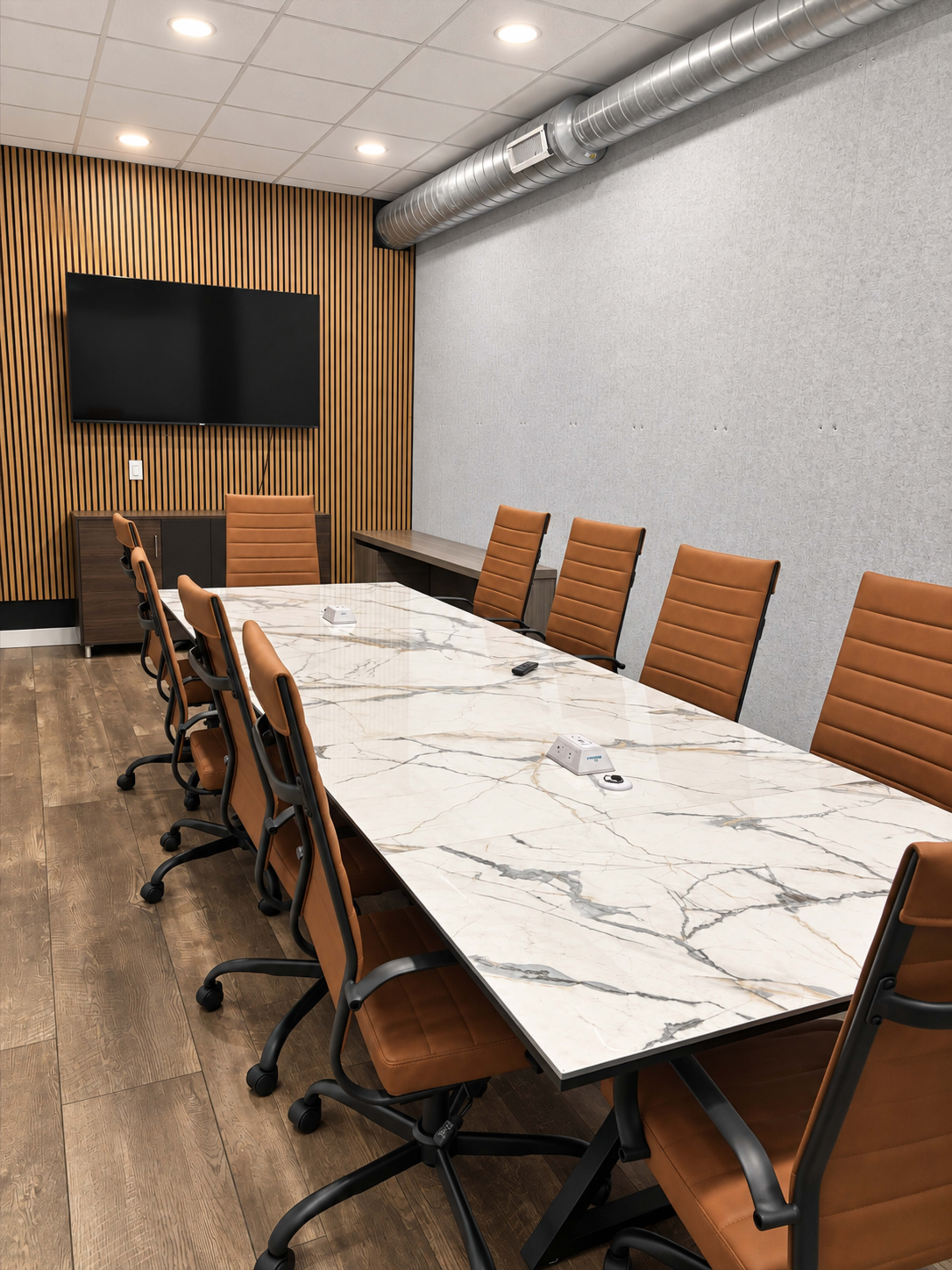 The image shows a modern conference room featuring a long marble table surrounded by brown office chairs, with a wall-mounted TV and wooden paneling in the background.