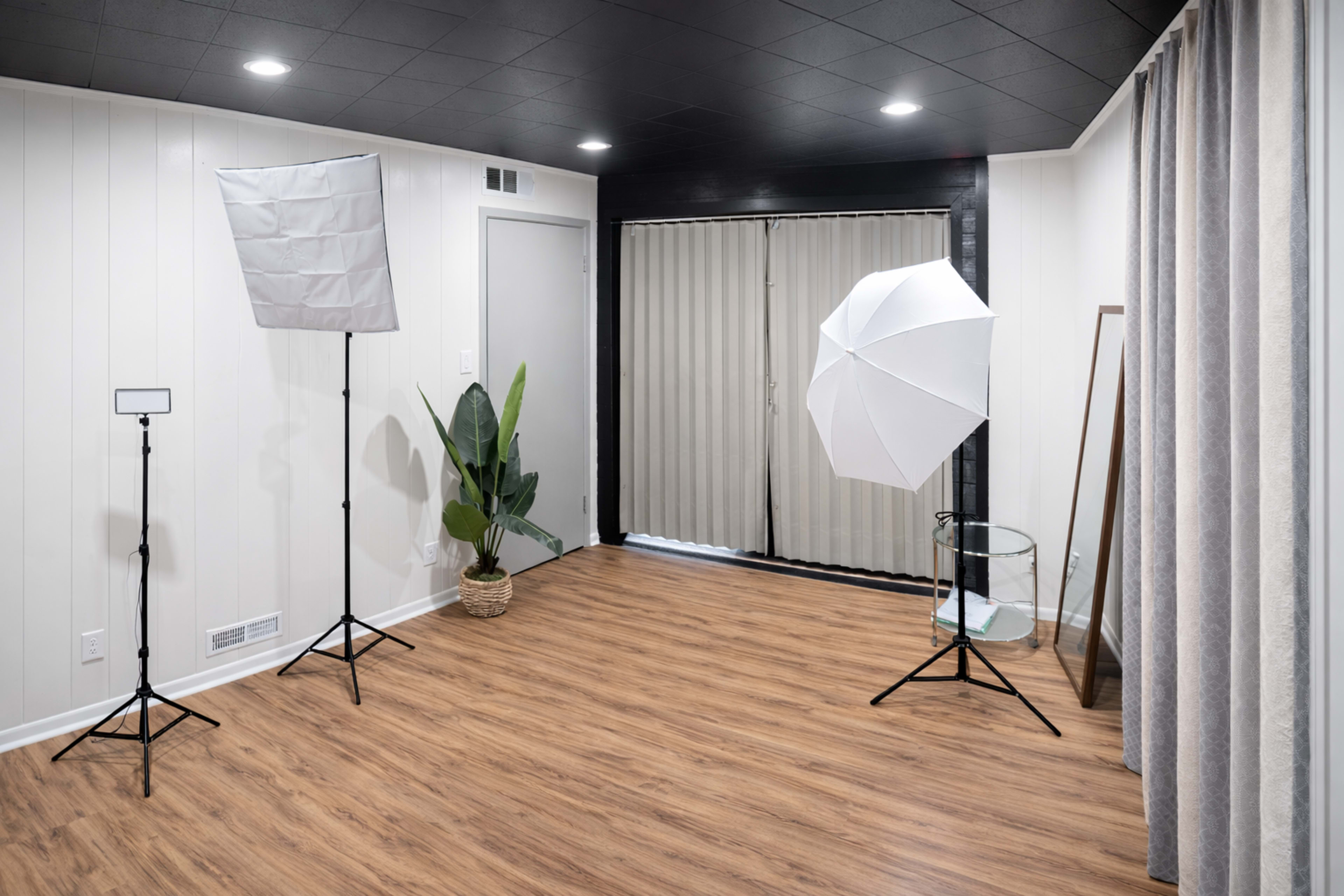 The image shows a well-lit room featuring photography equipment, including two softbox lights and a white umbrella, with sliding glass doors and a potted plant in the corner.