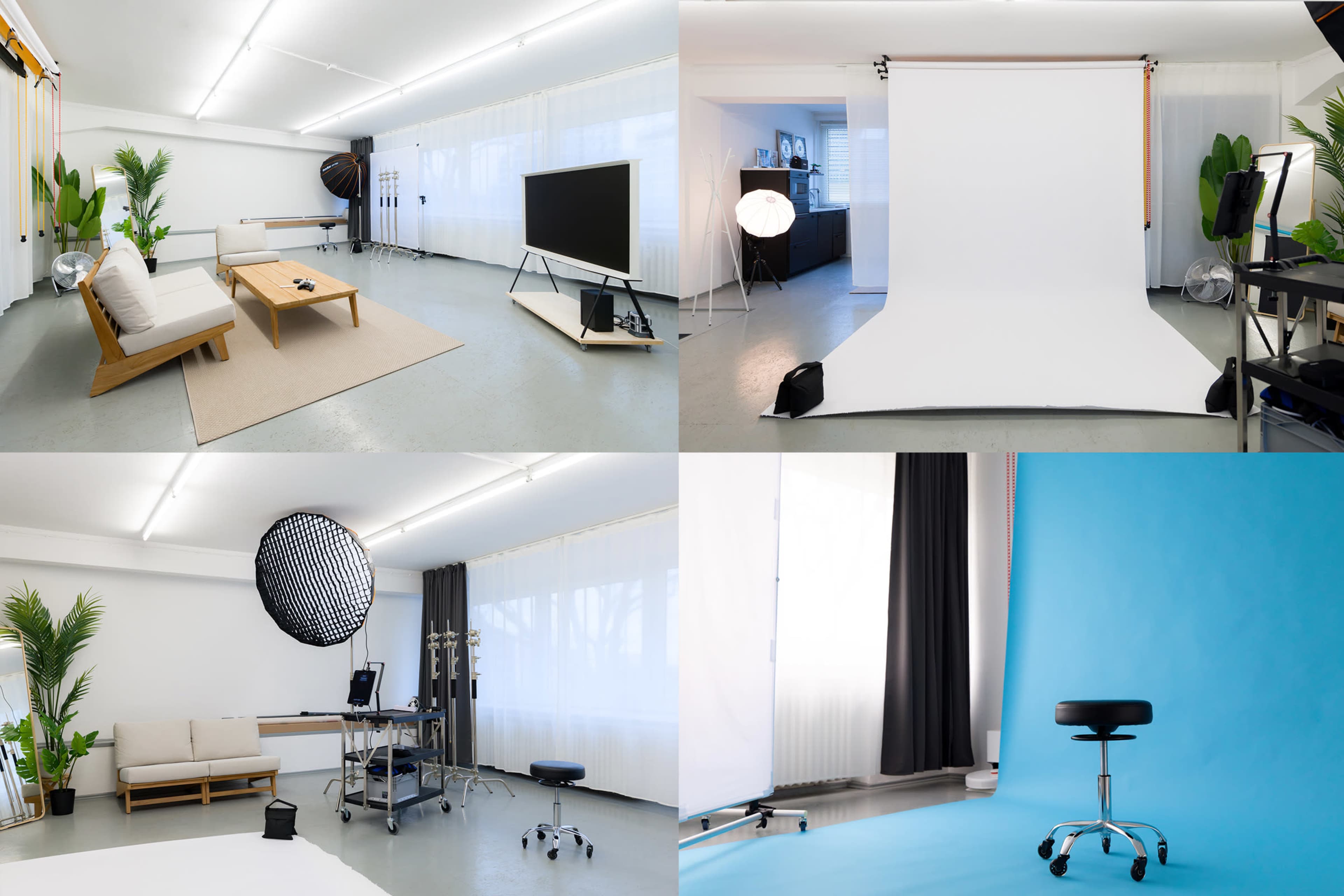 The image shows a photography studio divided into four sections, each featuring different backdrops and setups, including a white backdrop, a solid blue backdrop, a seating area, and various lighting equipment.