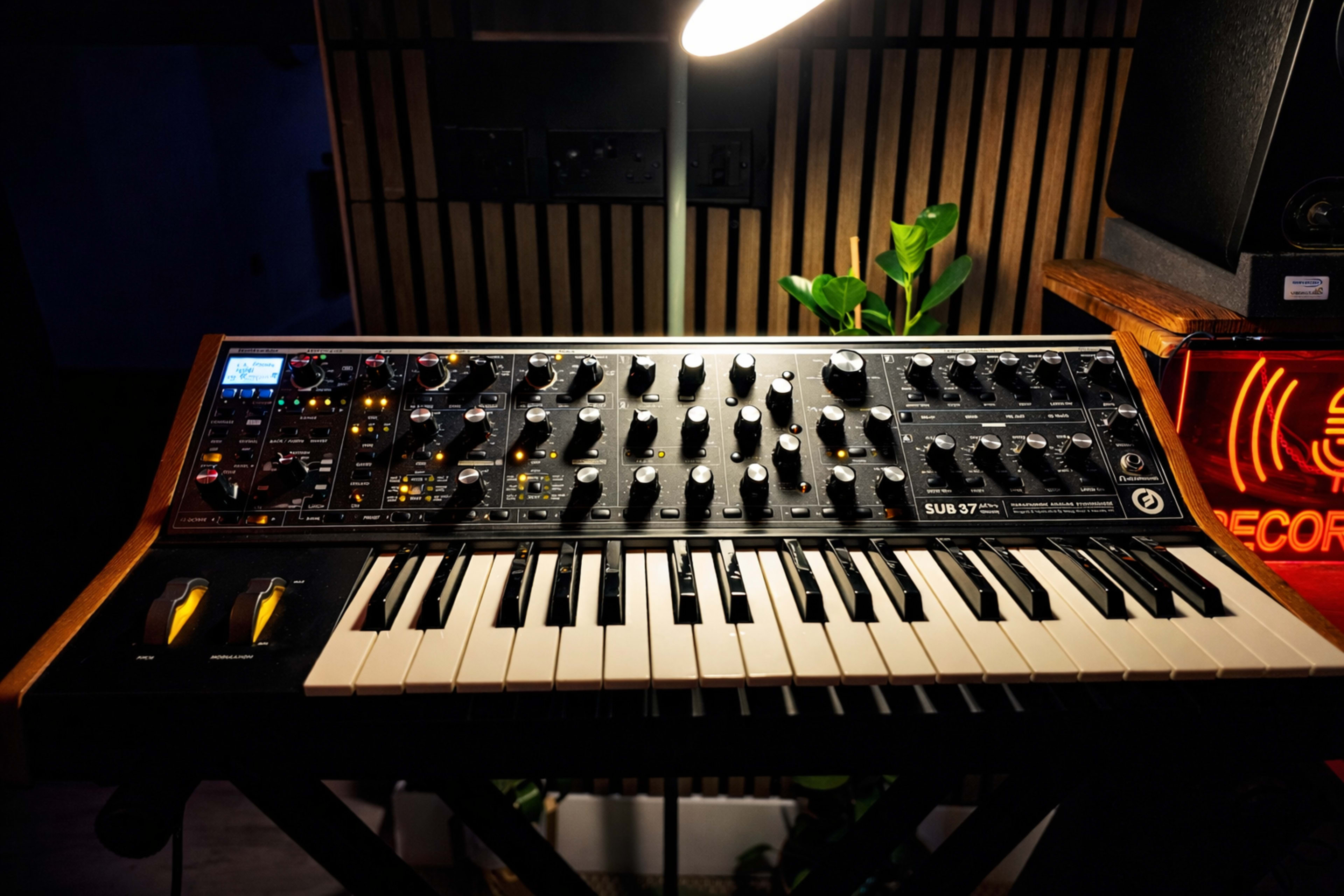 The image shows a synthesizer with a keyboard and various knobs, illuminated by a desk lamp, placed on a stand in a studio environment.