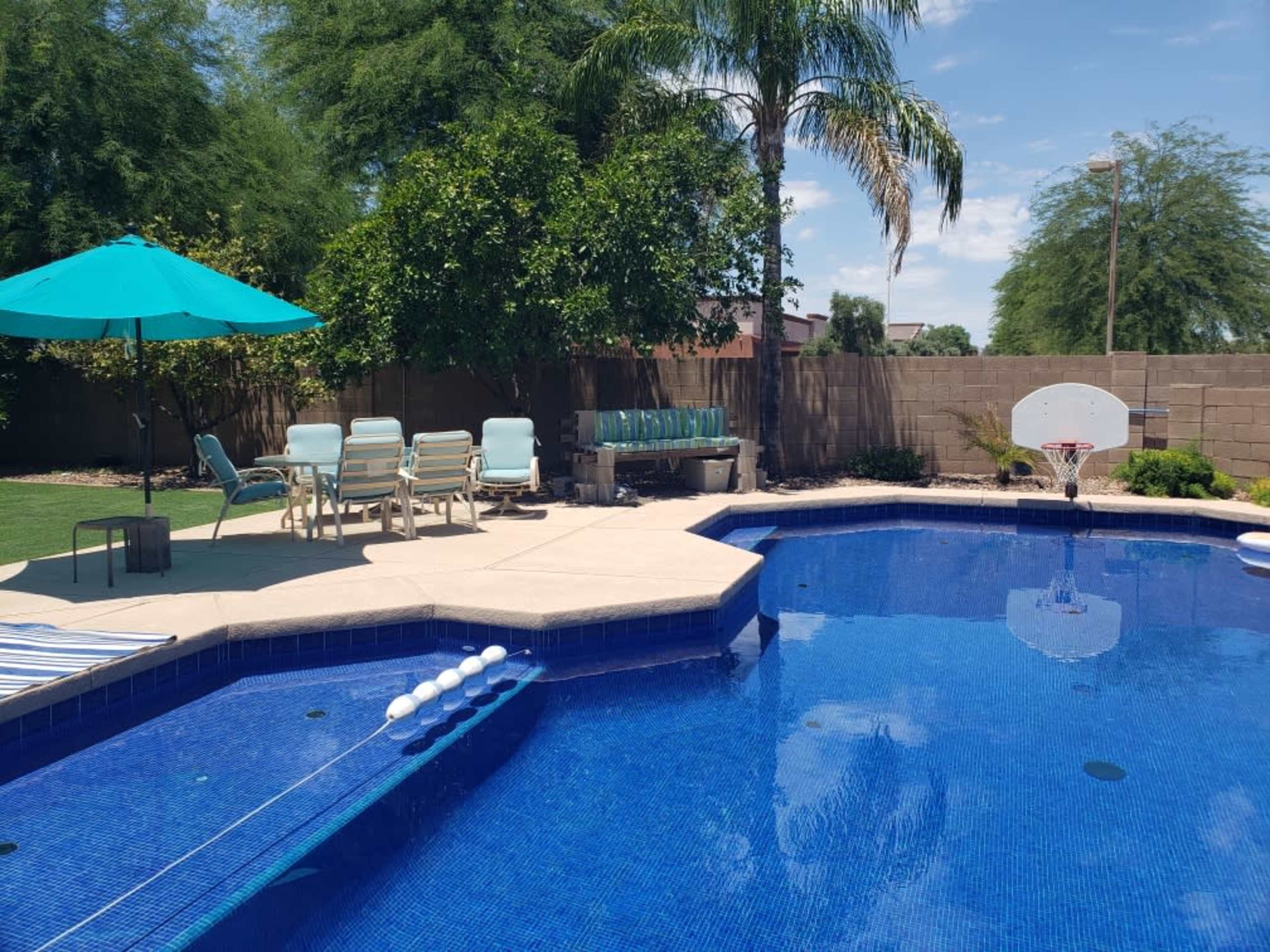 A swimming pool with a basketball hoop, surrounded by lounge chairs and an umbrella in a backyard setting.