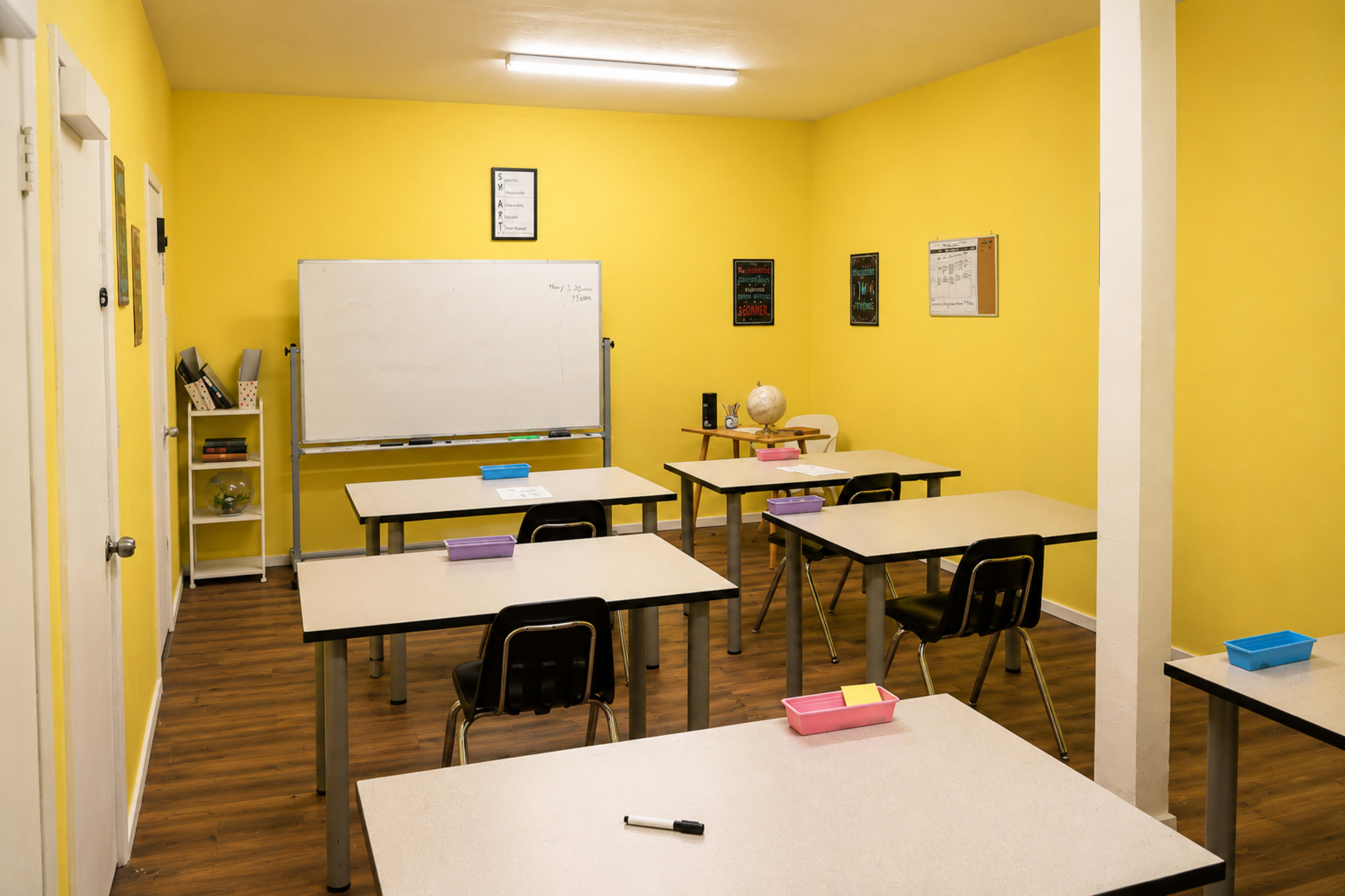 The image shows an empty classroom with yellow walls, rows of tables, and a whiteboard at the front.