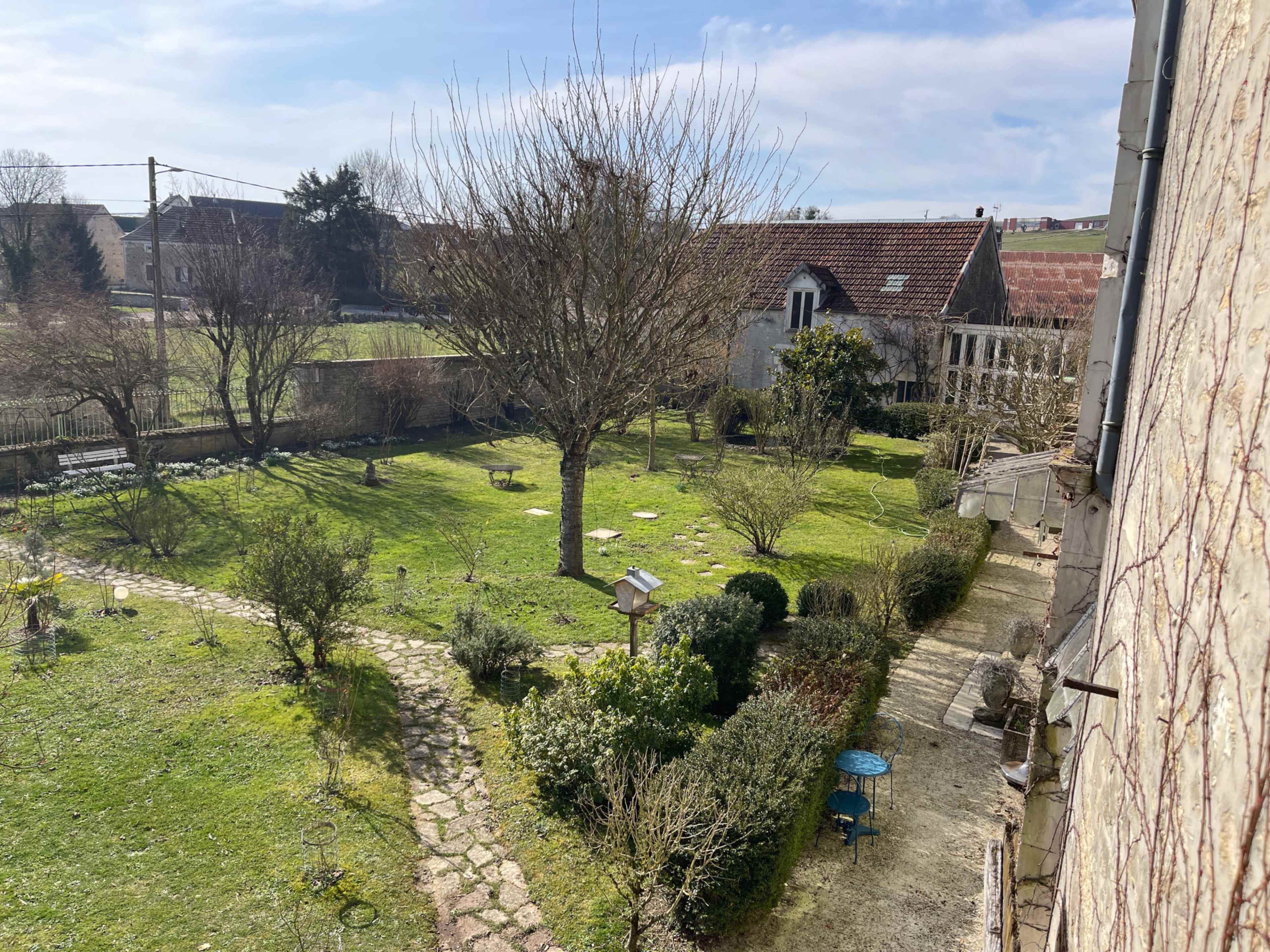 The image shows a green garden with a stone path, trees, and several plants, viewed from an upper location.