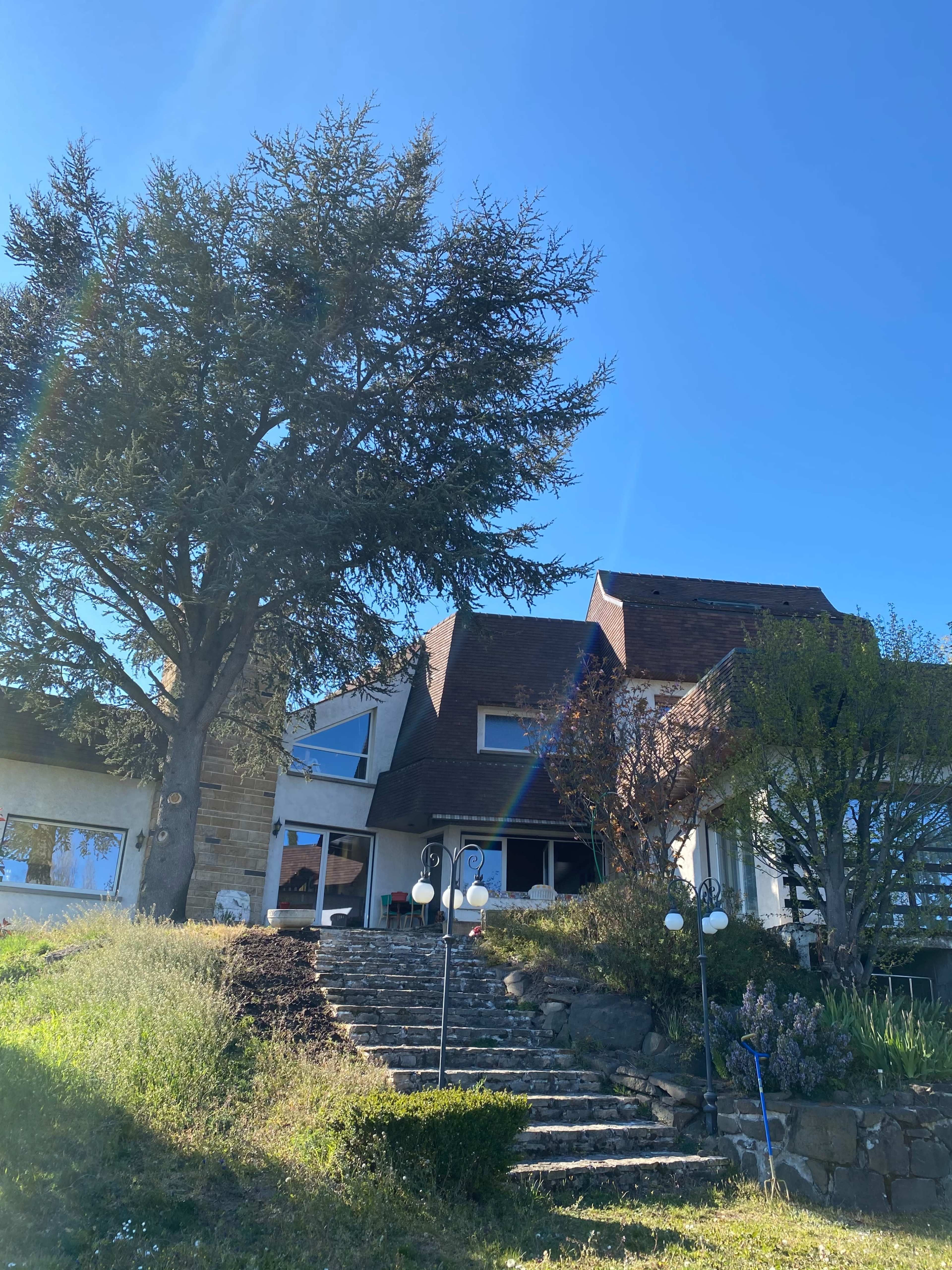 A large house with a steep roof and multiple windows is situated on a grassy slope, with stone steps leading to the entrance.