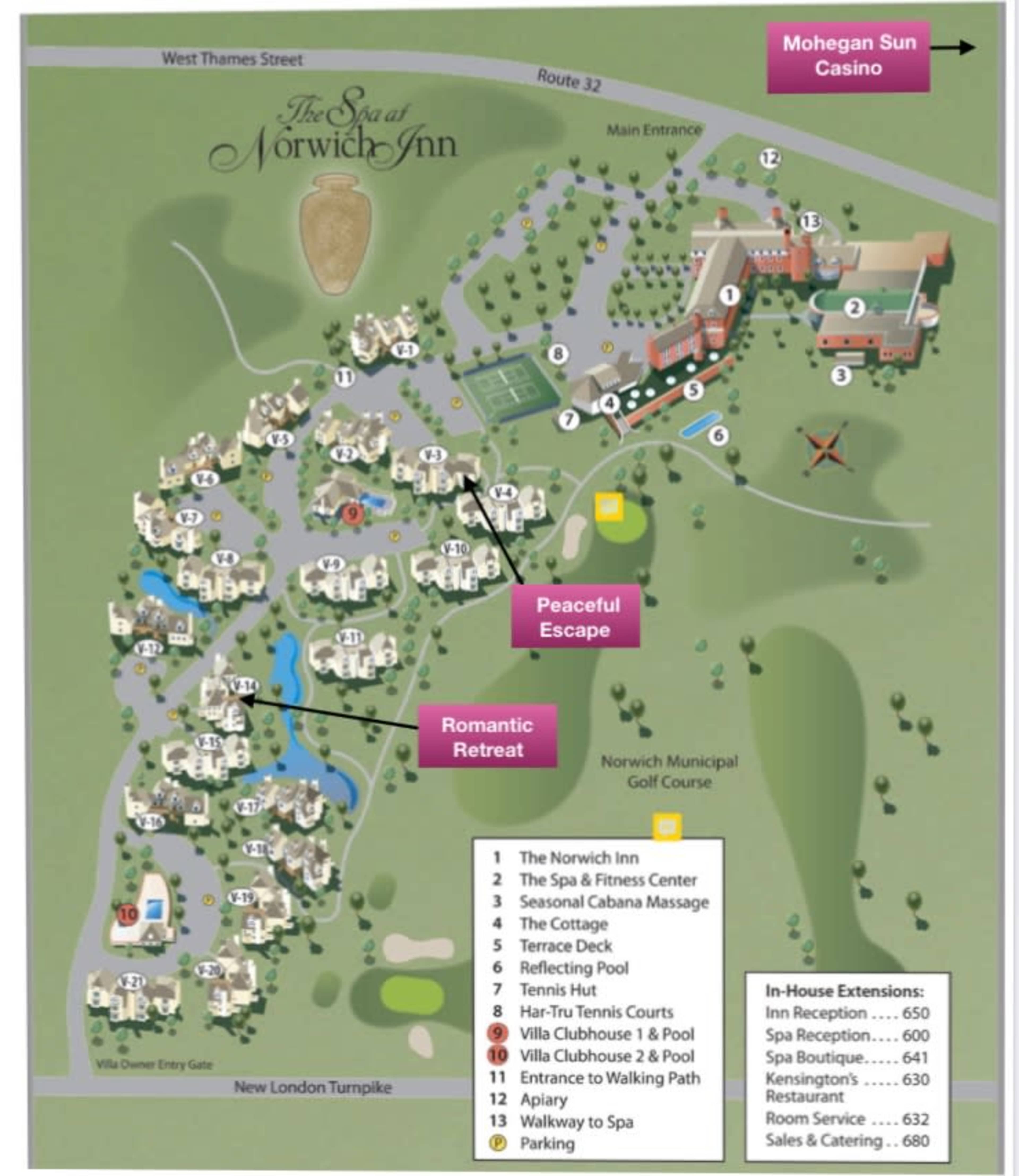 The map depicts the layout of The Spa at Norwich Inn, highlighting various buildings, facilities, and adjacent attractions.