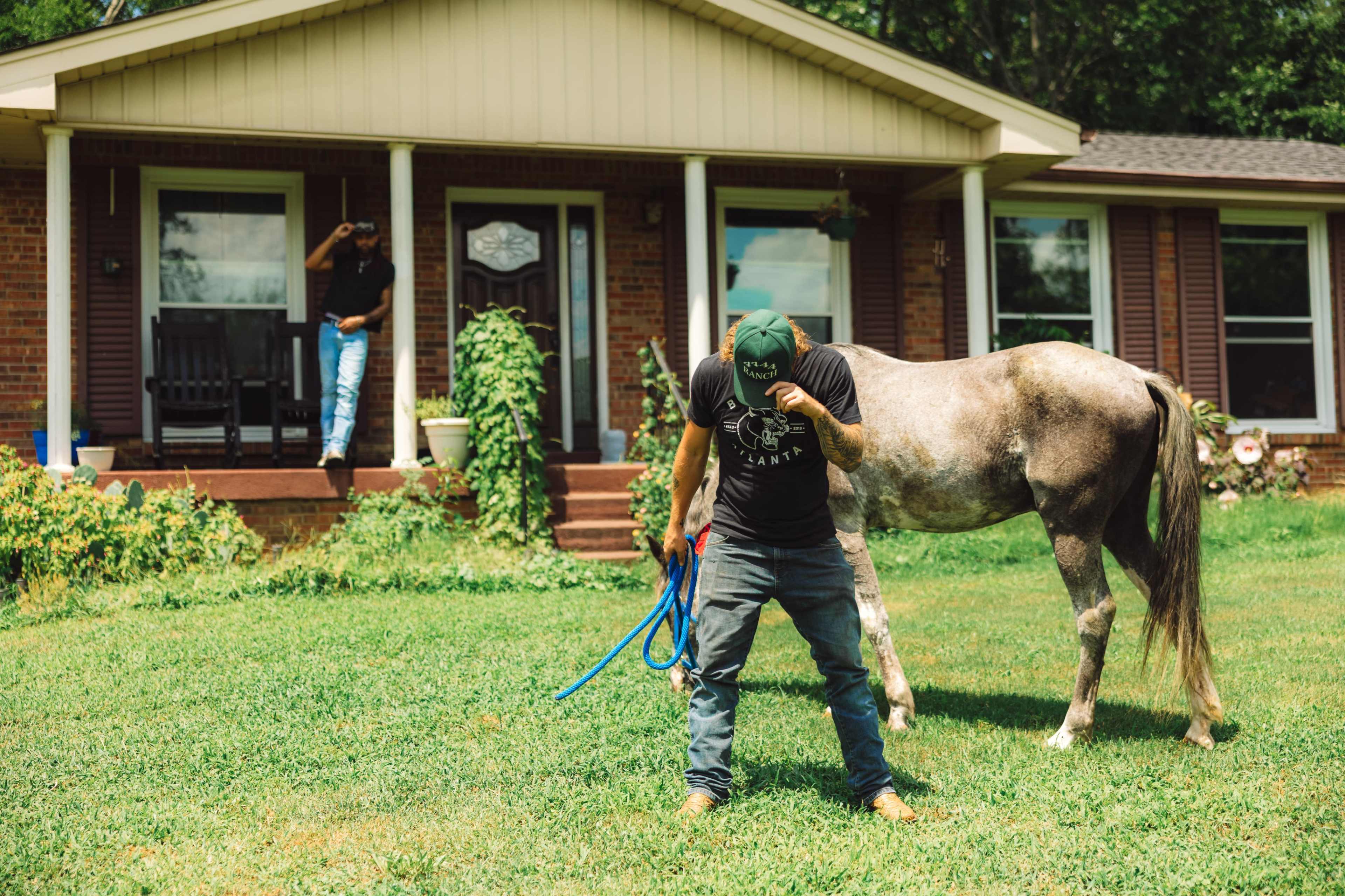 A person in a black shirt is holding a blue lead near a gray horse in a yard in front of a house.