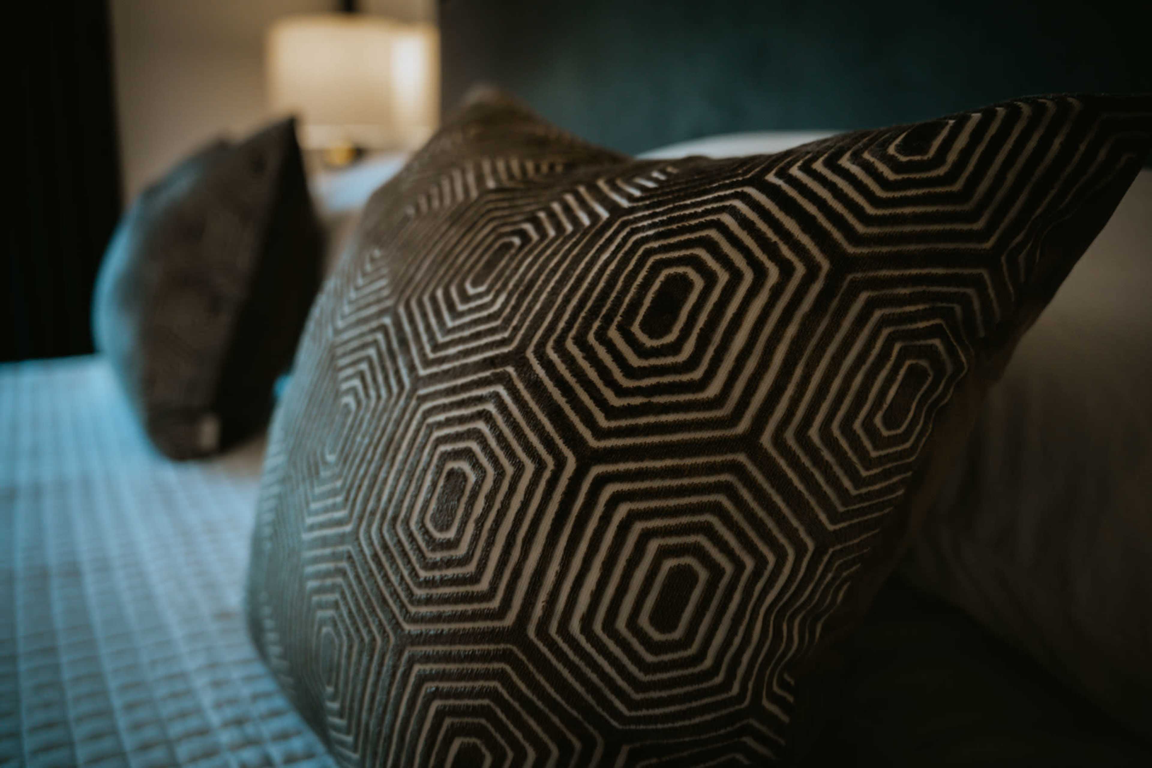 Two decorative pillows with a hexagonal pattern rest on a bed.