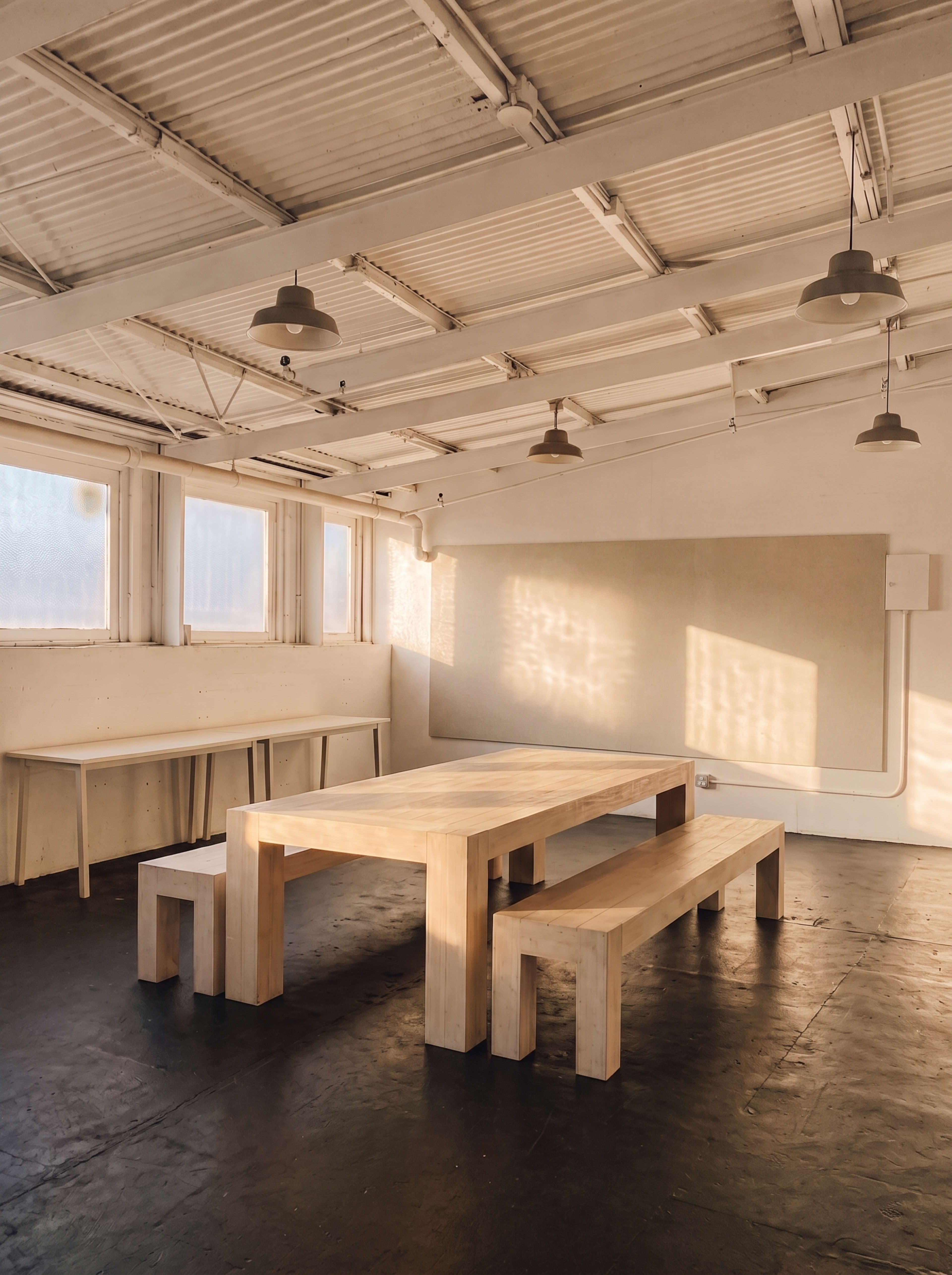 The image shows a minimalist interior space with a large wooden table and two benches, illuminated by soft sunlight through the windows.