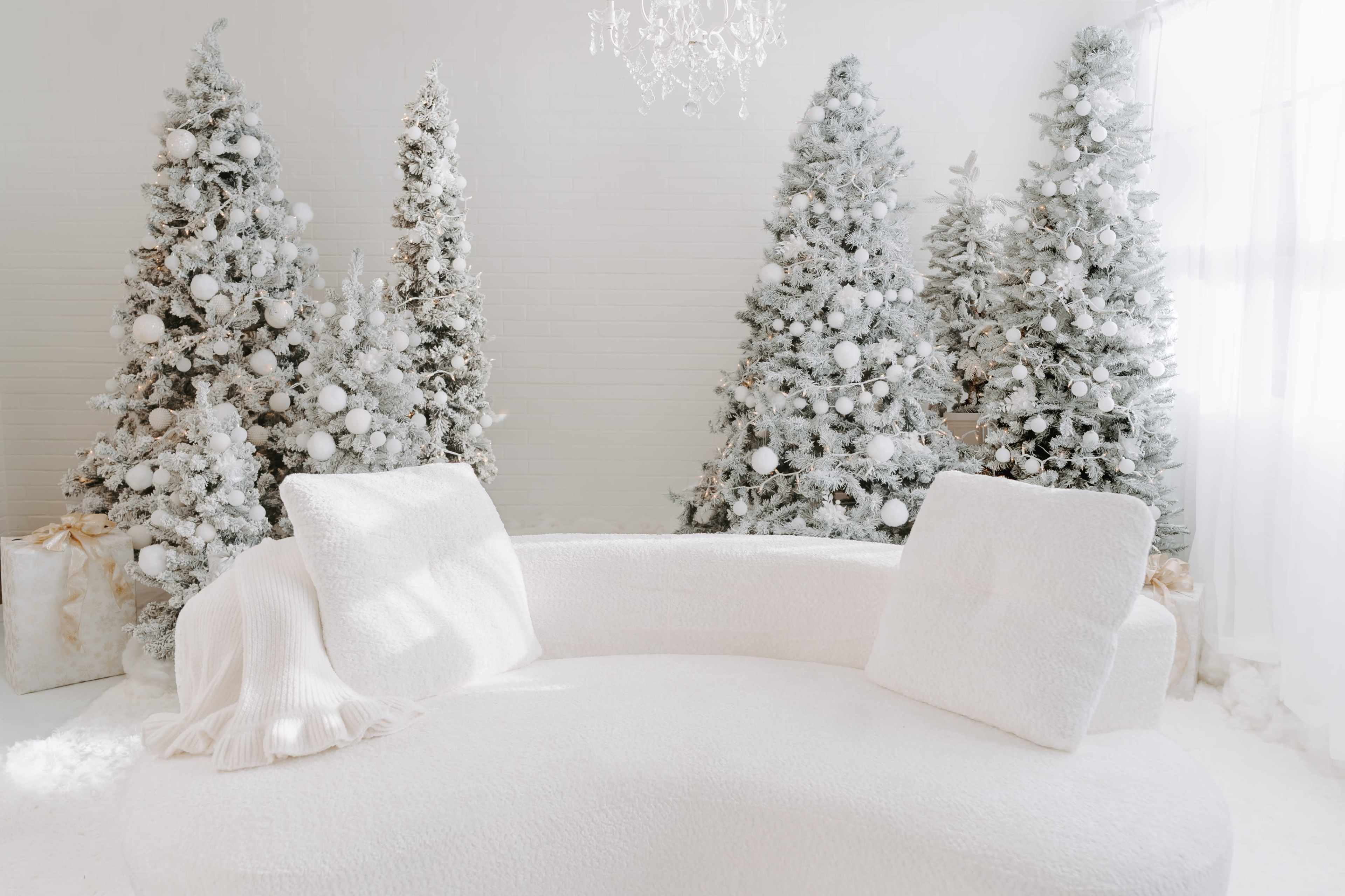 A white, curved sofa is positioned in a bright room adorned with decorated, snow-covered Christmas trees.
