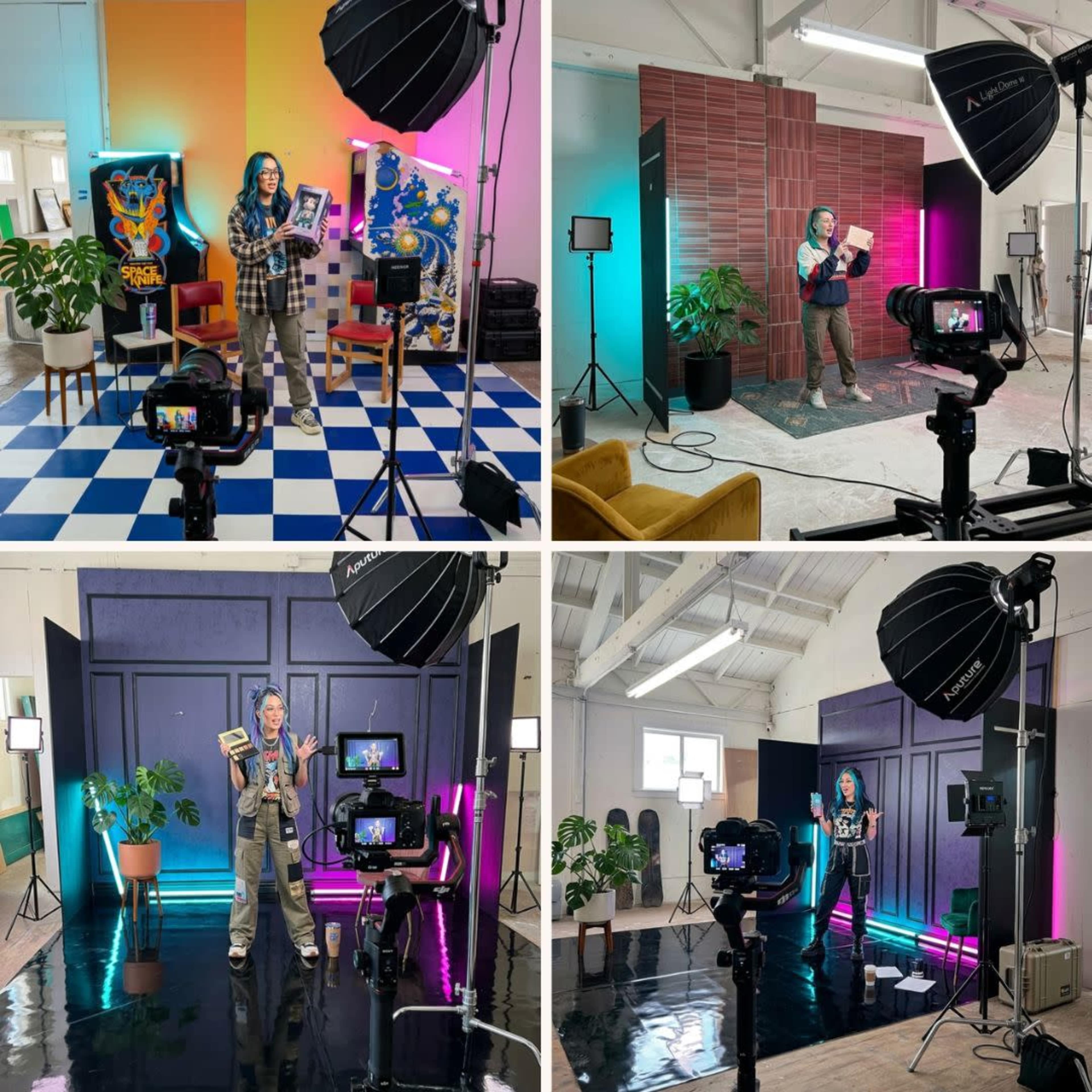 The image shows a four-panel collage featuring a person holding products in various colorful studio setups with different backgrounds and lighting.