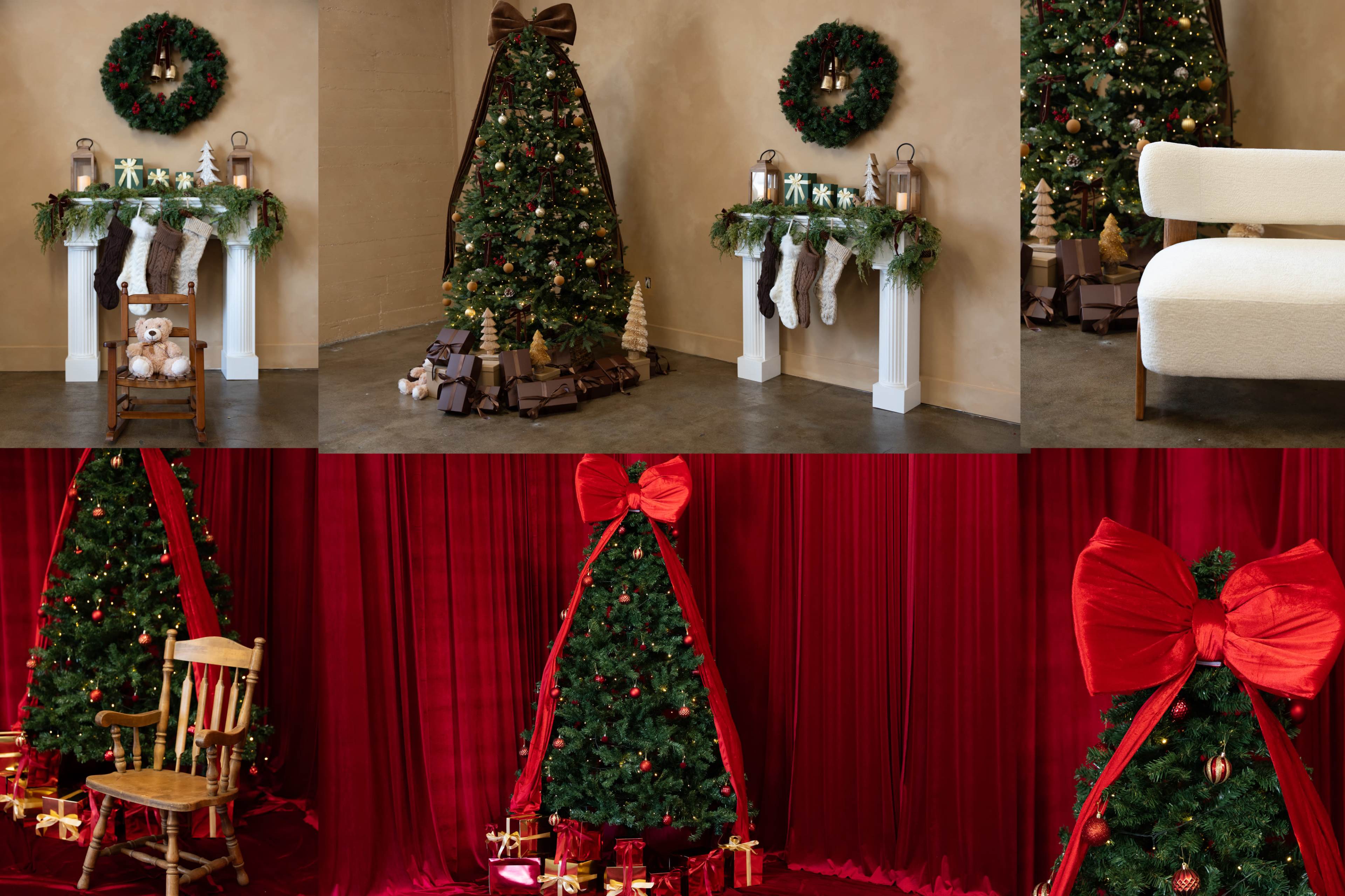 The image features multiple Christmas tree displays, including decorated trees with ornaments and stockings, accented by holiday décor such as wreaths, a chair, and gift arrangements.