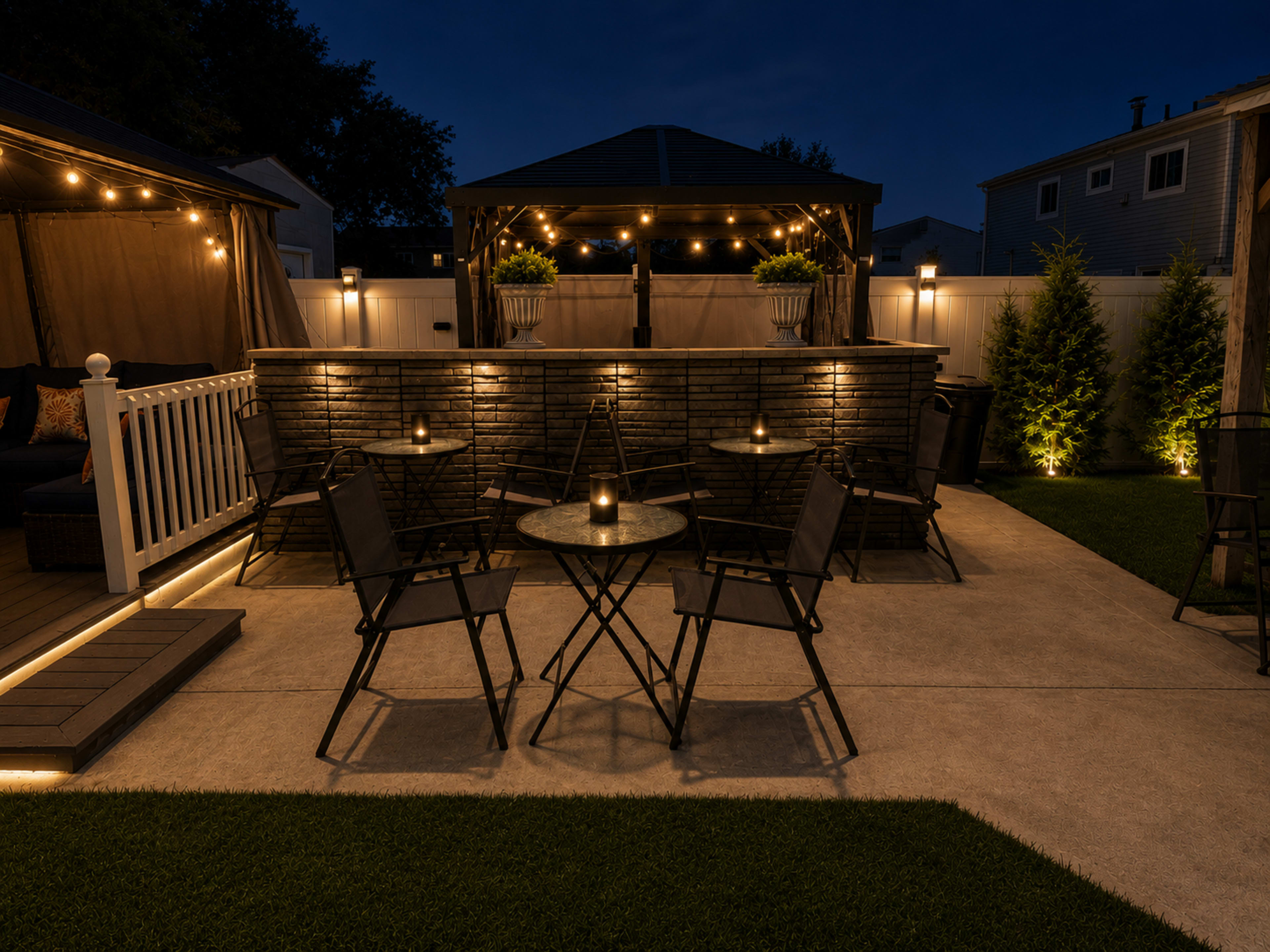 The image shows a cozy outdoor patio area at night, featuring a seating arrangement with chairs and a table, illuminated by soft lights and surrounded by lush greenery.