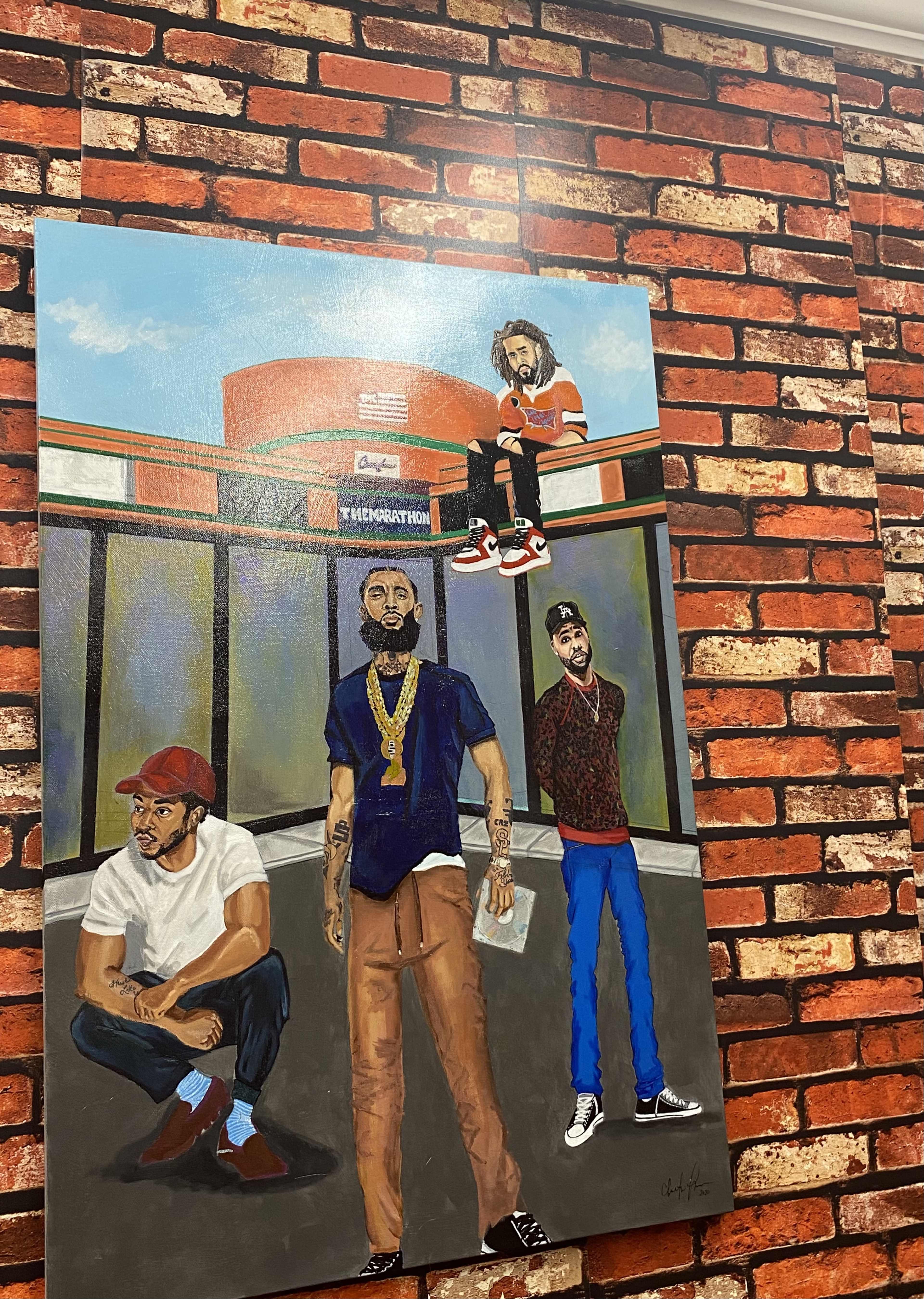 A colorful mural depicting three men, one sitting on a fence and two others standing, set against a brick wall background.