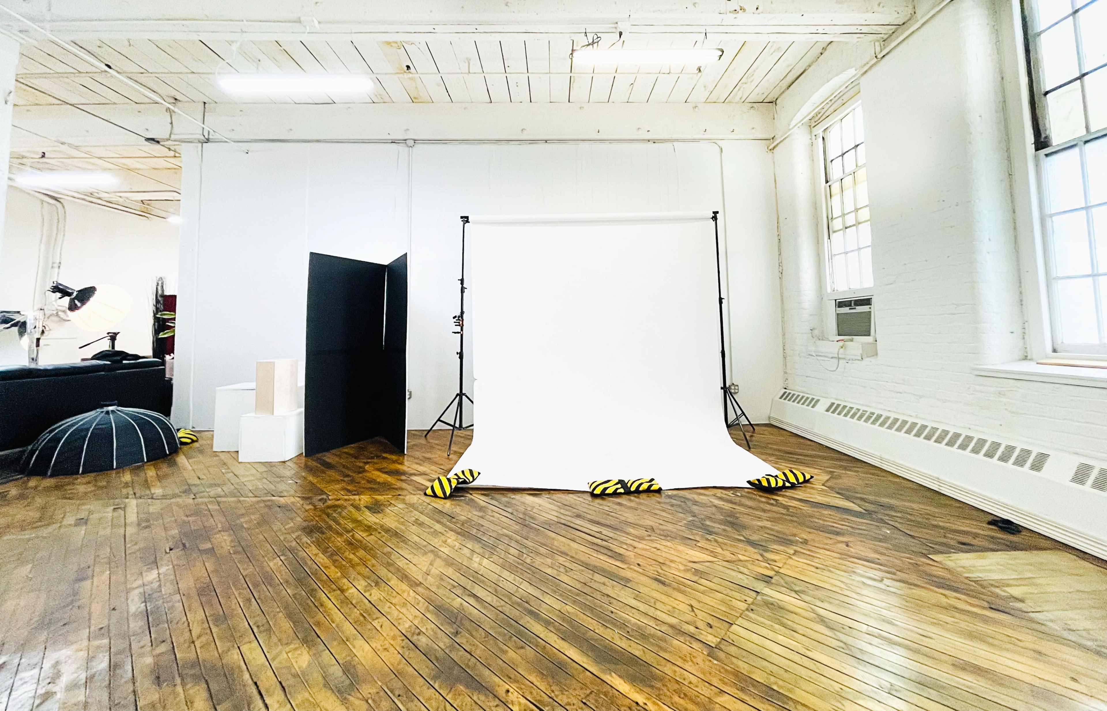 A photo studio with a white backdrop, black screens, and wooden floors is set up for a photoshoot.