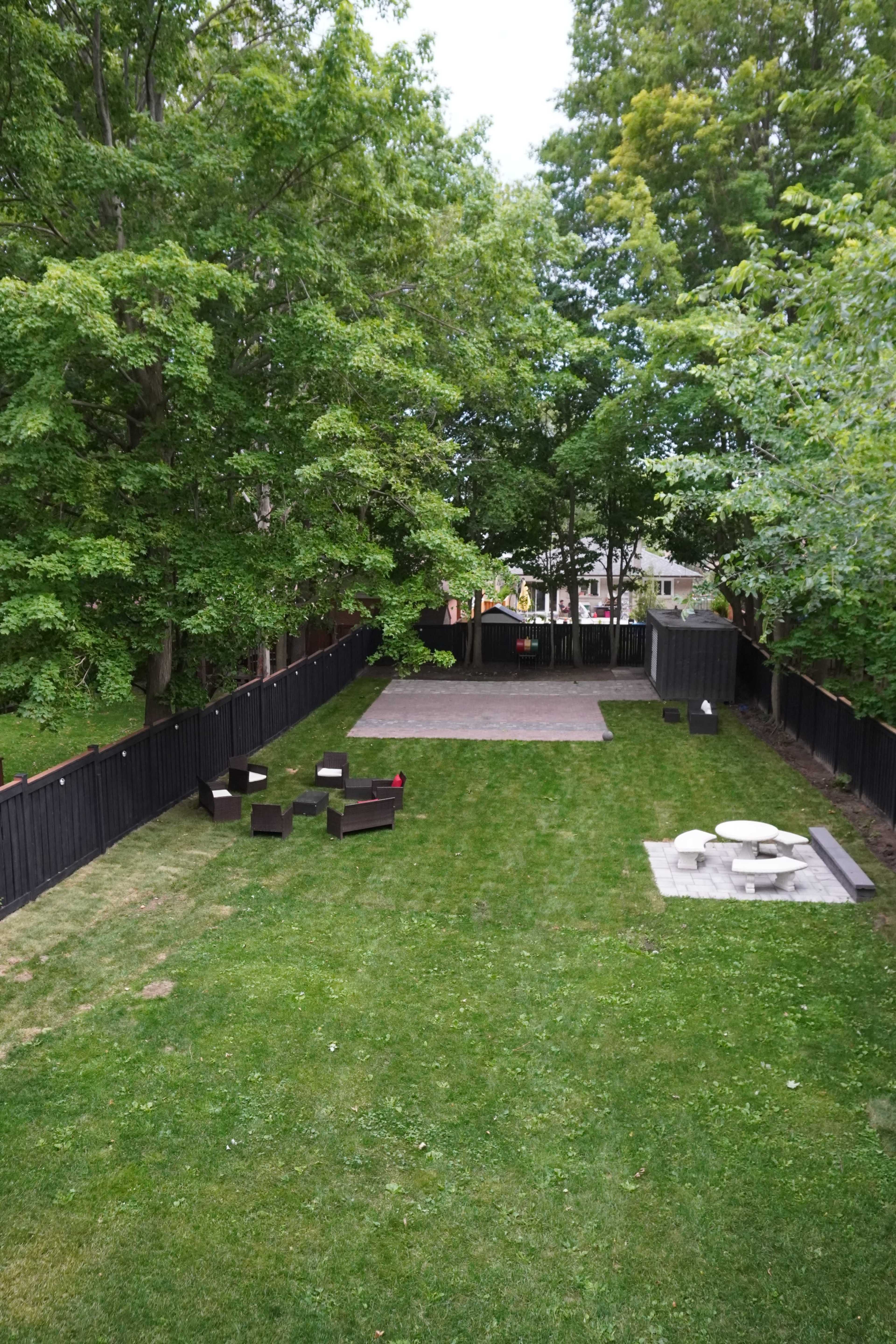 The image shows a spacious backyard with a grassy area, surrounded by trees and a black fence, featuring outdoor seating and a patio space.