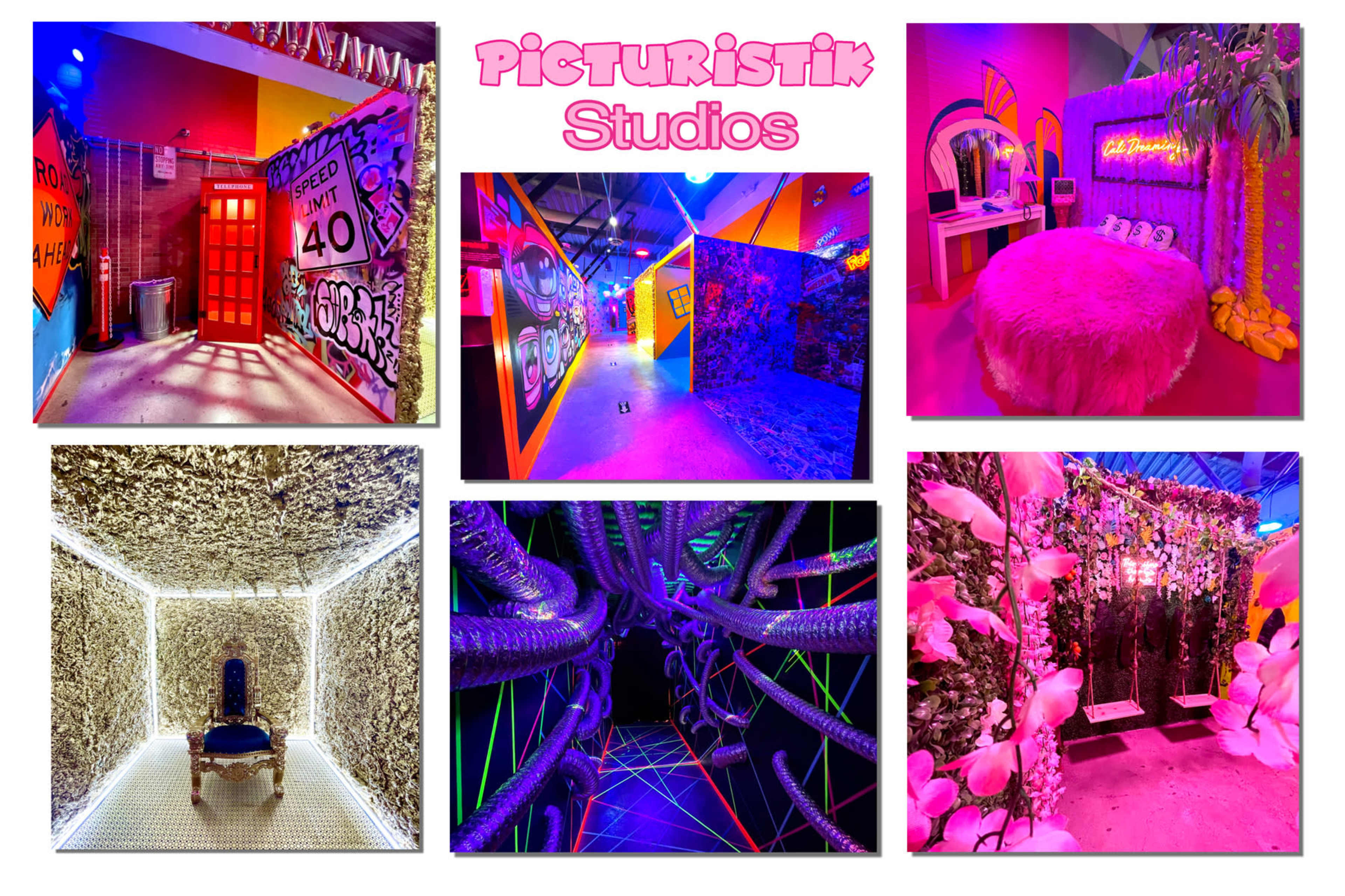 Various vibrant, creatively designed spaces within a studio, featuring colored walls, decorative elements, and unique lighting.