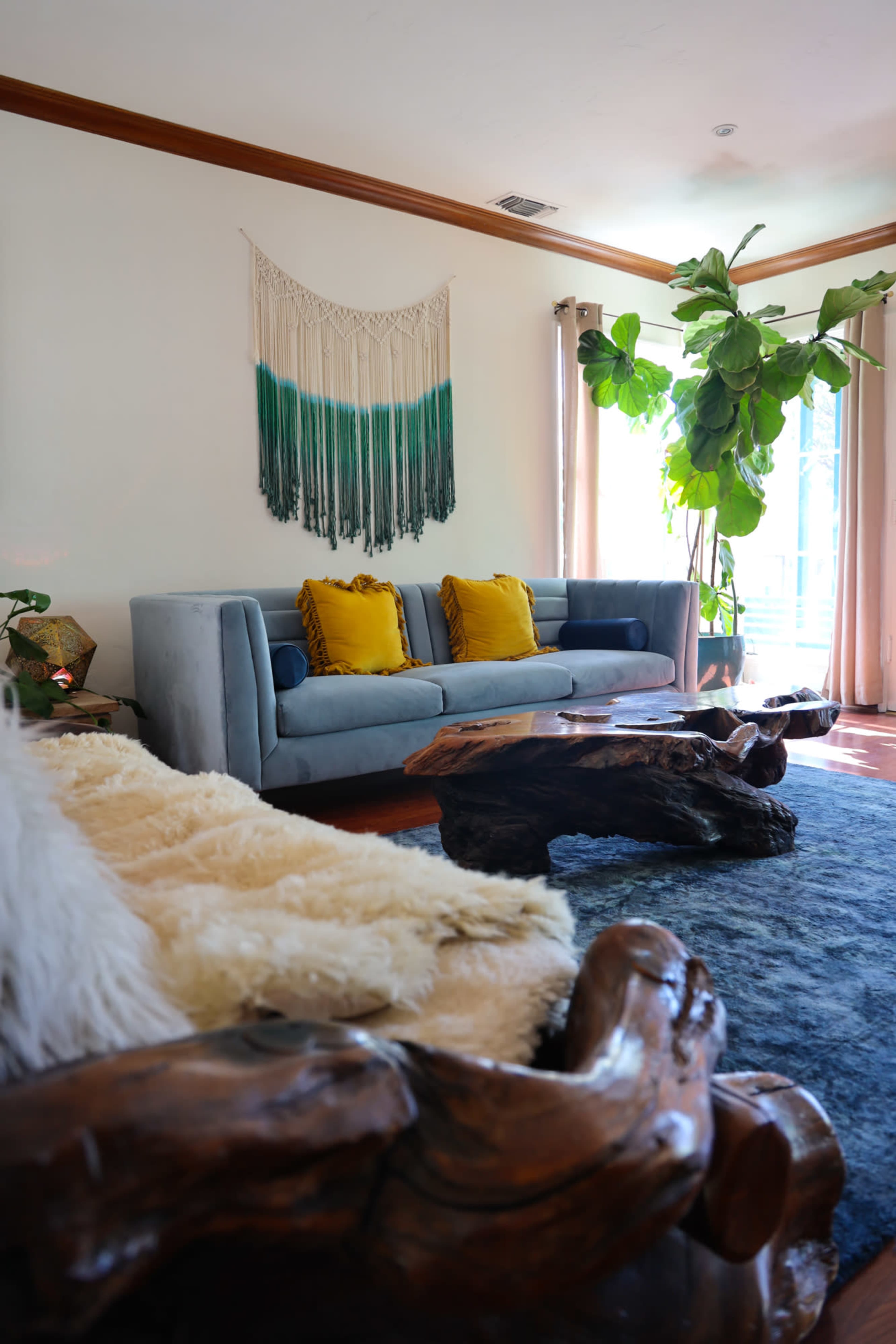 A modern living room with a light blue sofa adorned with yellow cushions, a wooden coffee table, and a large potted plant by the window.