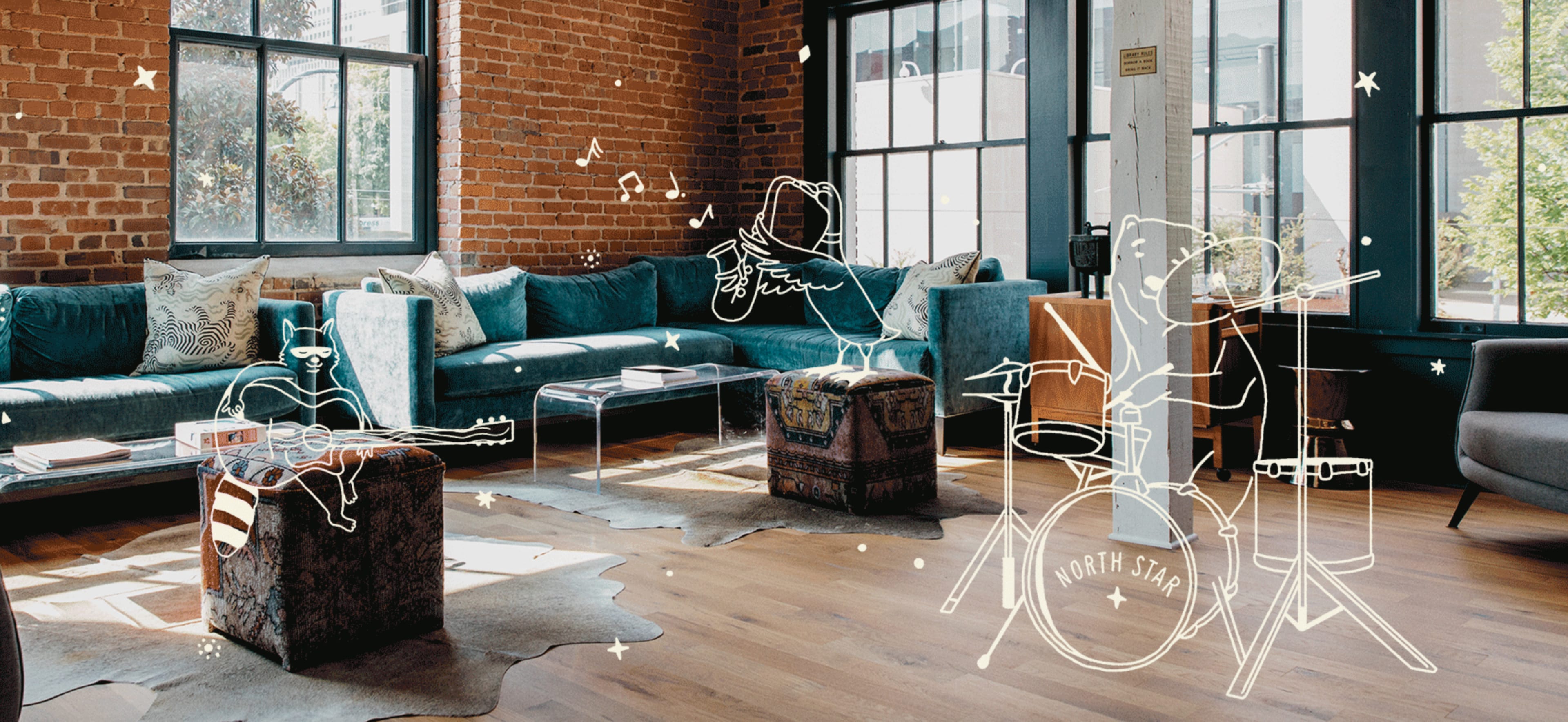 A cozy living room features a plush sofa, a transparent coffee table, and artistic illustrations of animals playing musical instruments on a wooden floor.