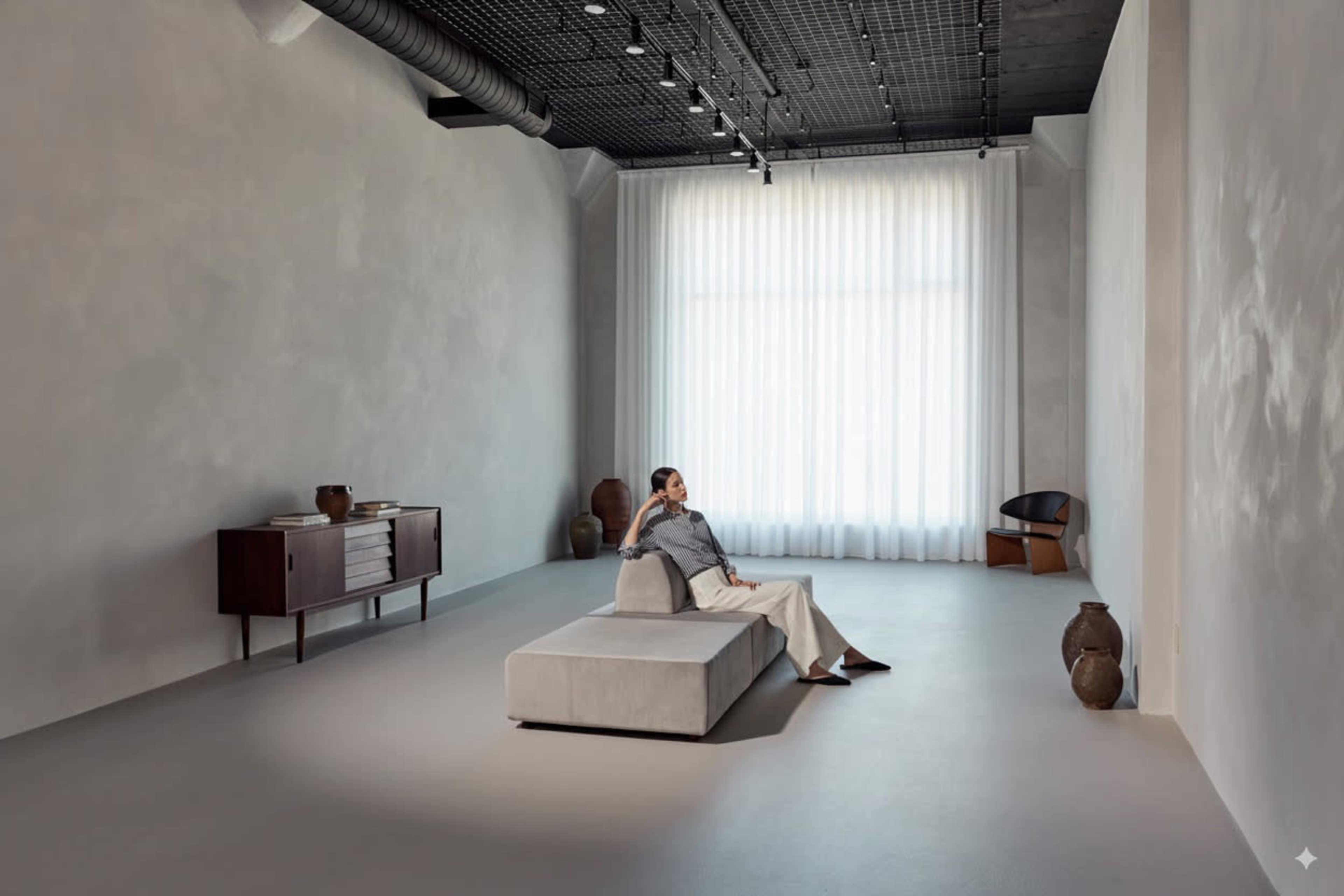 A woman sits on a modern couch in a minimalist room with large windows and simple decor.
