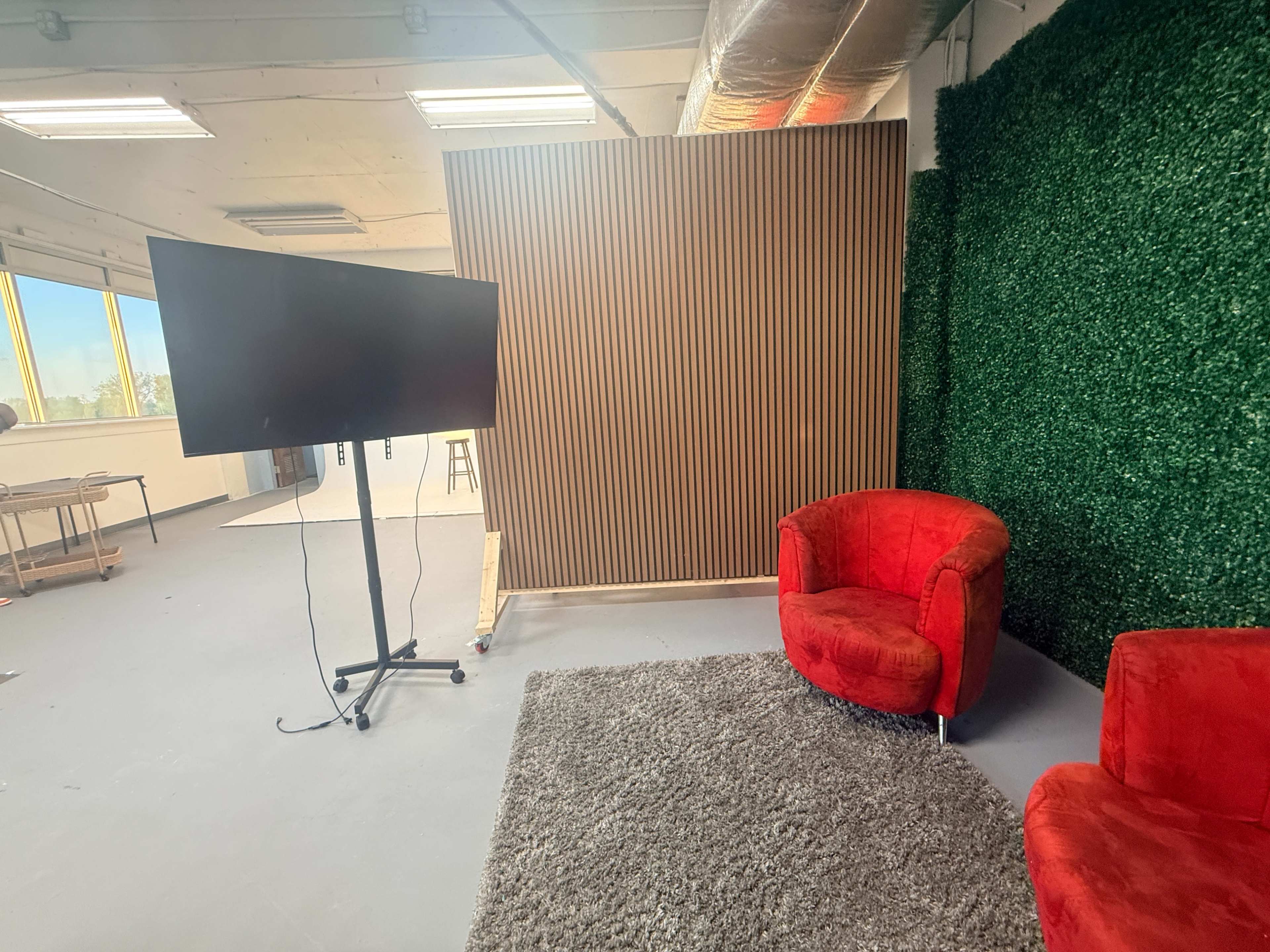 The image shows a modern studio space with a large television on a stand, a red armchair, and a wall featuring wood paneling and a green foliage backdrop.
