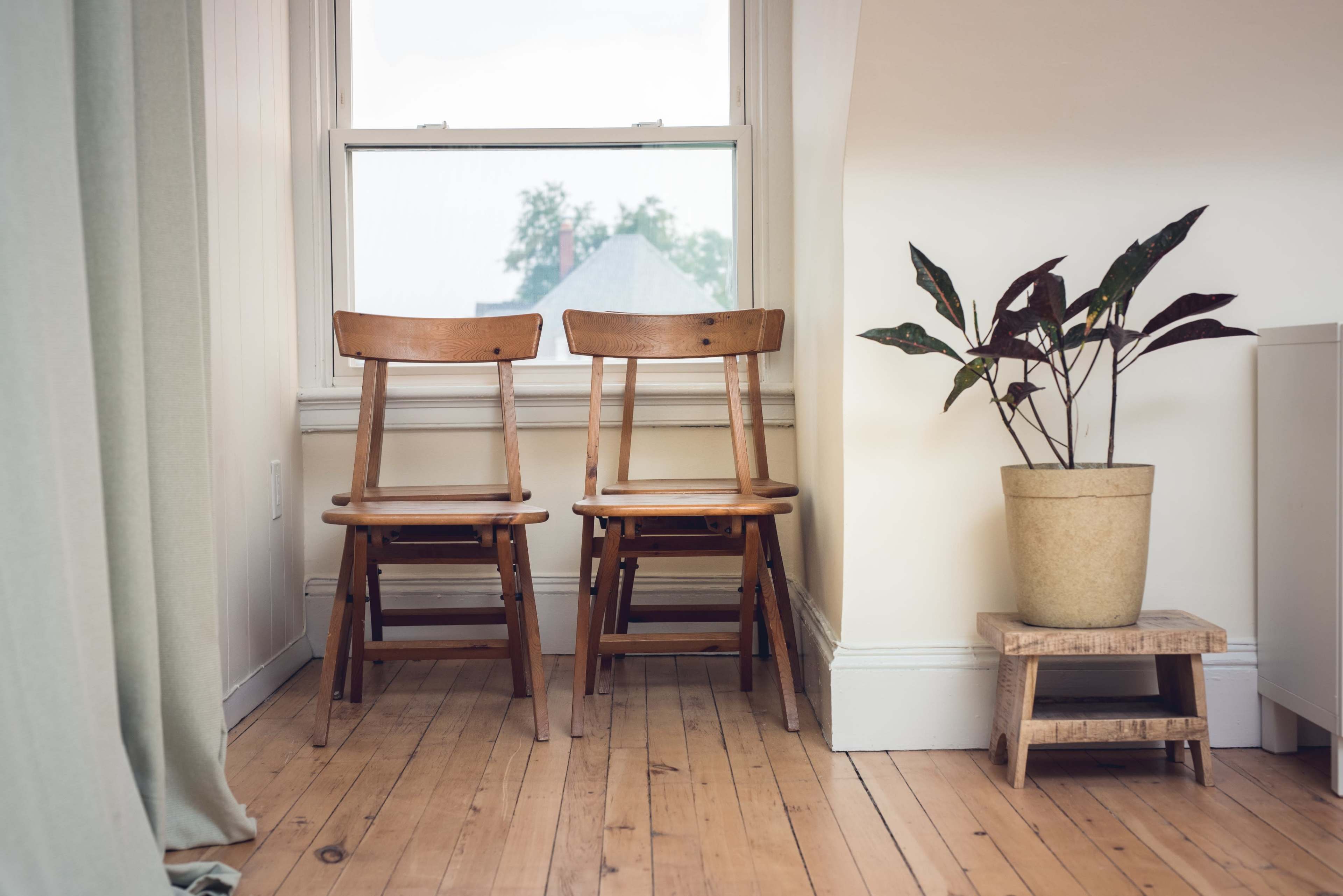 Two wooden chairs are positioned against a light wall near a window, accompanied by a potted plant on a wooden stand.
