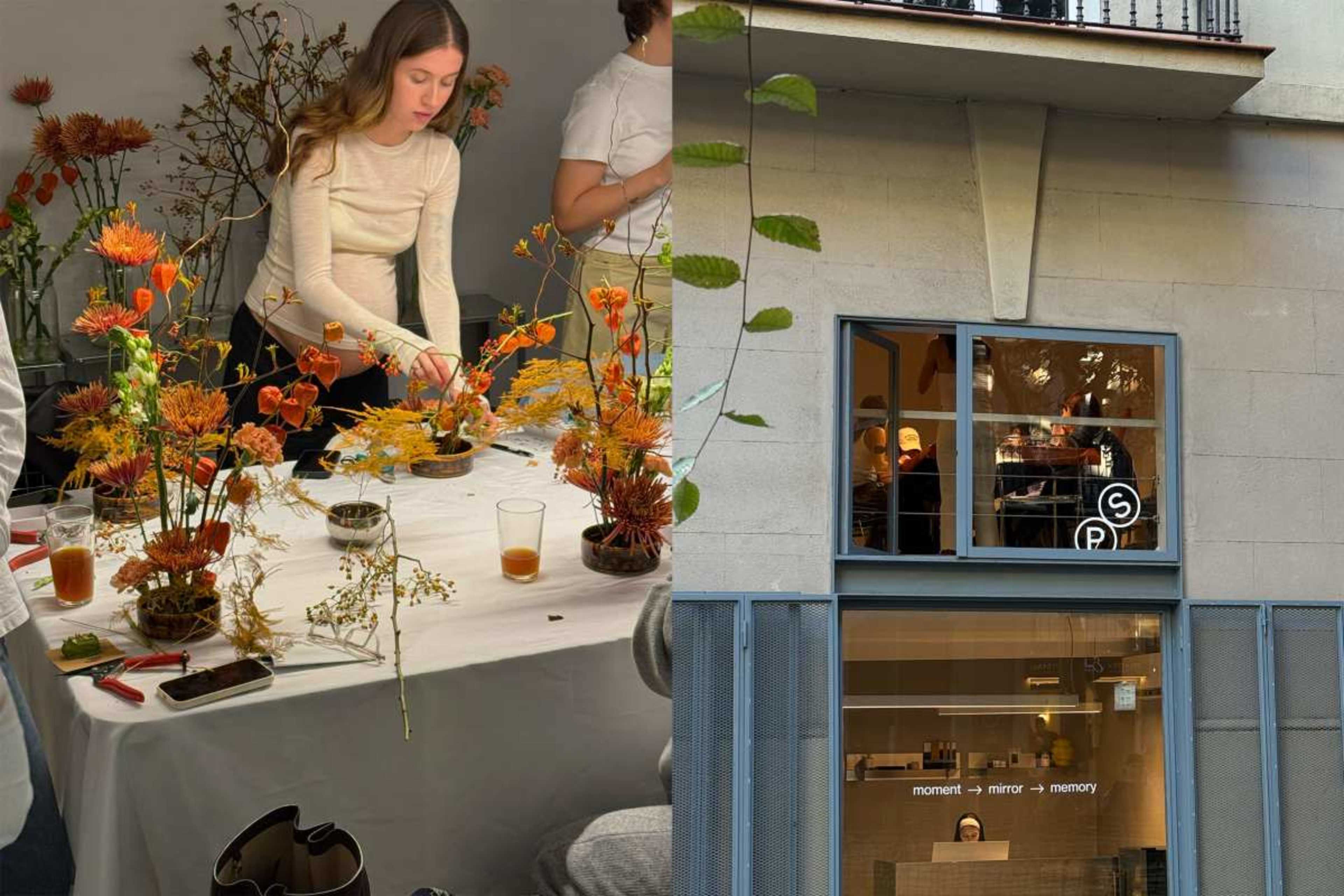 The image shows a floral arrangement workshop with participants creating flower displays on a table, while the right side features a coffee shop window with a person sitting inside.