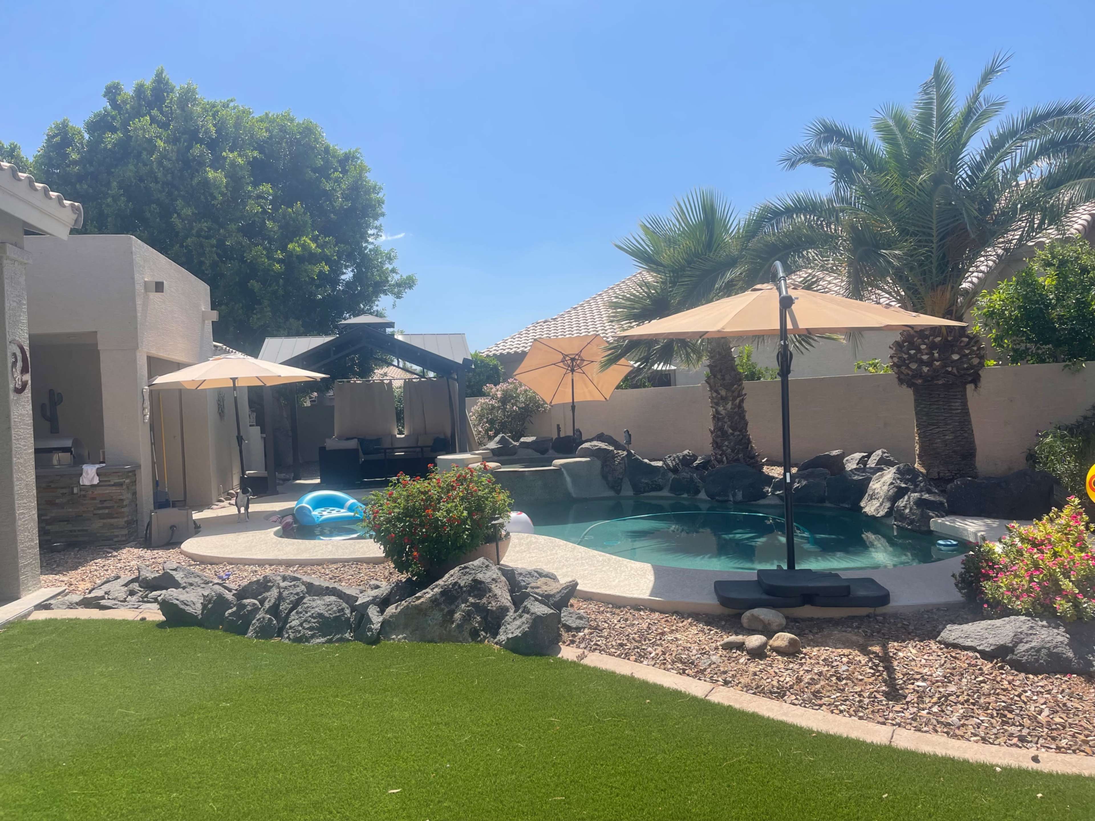 A backyard with a pool, surrounded by palm trees, decorative rocks, and shaded areas provided by umbrellas.