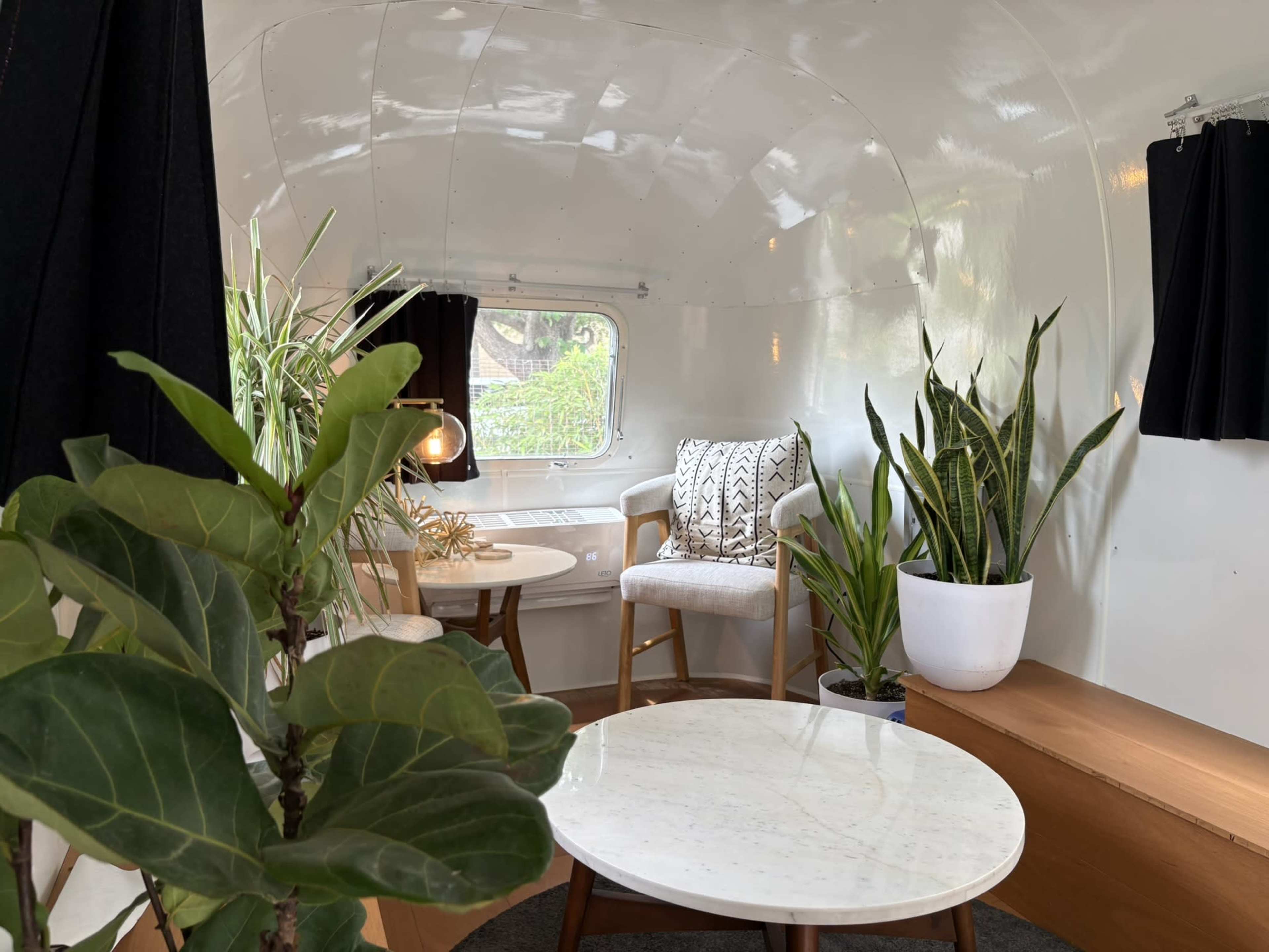 The image shows the interior of a sleek, modern trailer with a curved white metal ceiling, featuring plants, wooden furniture, and cozy seating by the windows.