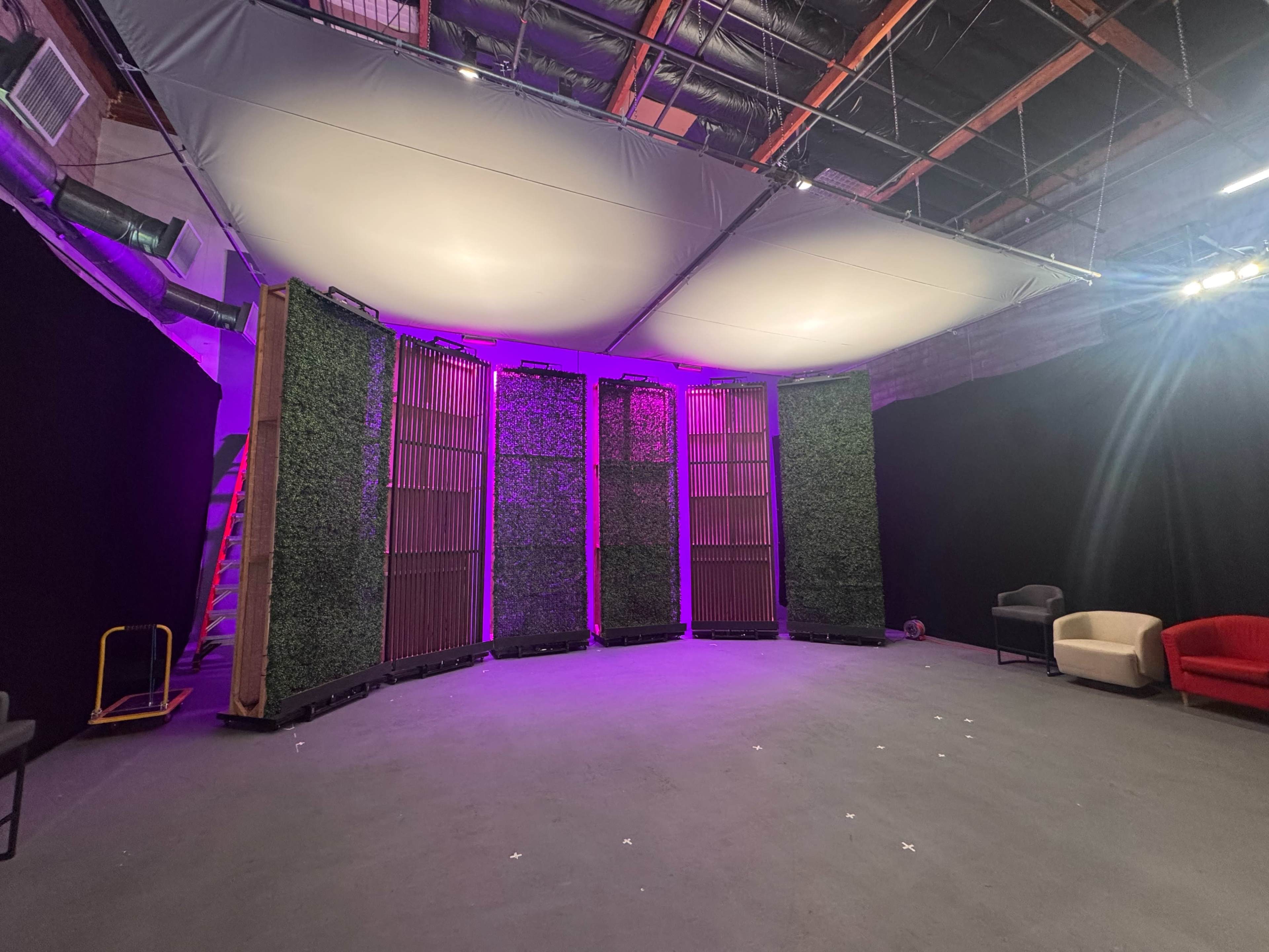 The image shows a spacious studio with a gray floor, featuring several tall, partition-like structures covered in greenery and lit with purple lights.